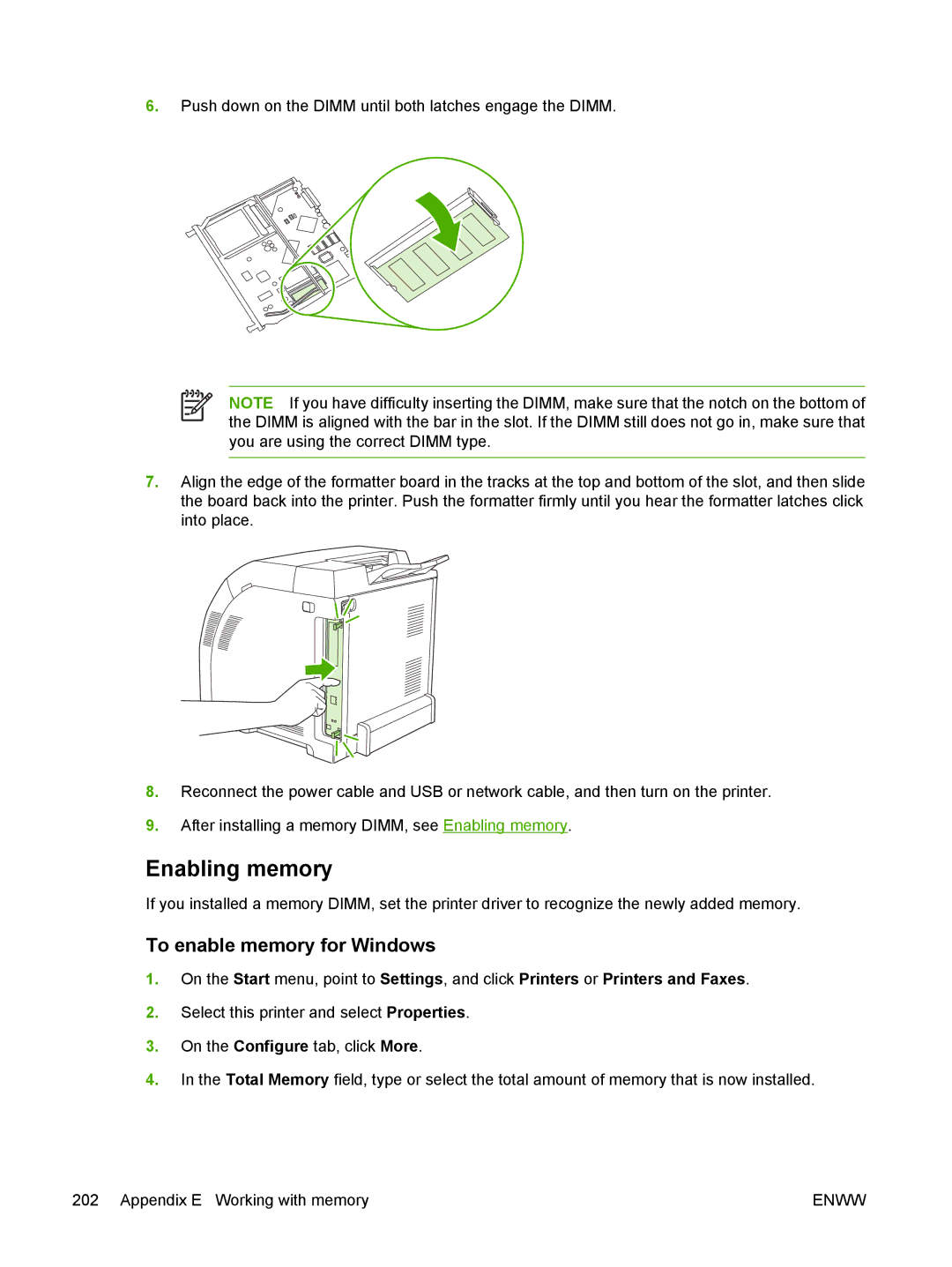 HP 3000, 3800 manual Enabling memory, To enable memory for Windows 