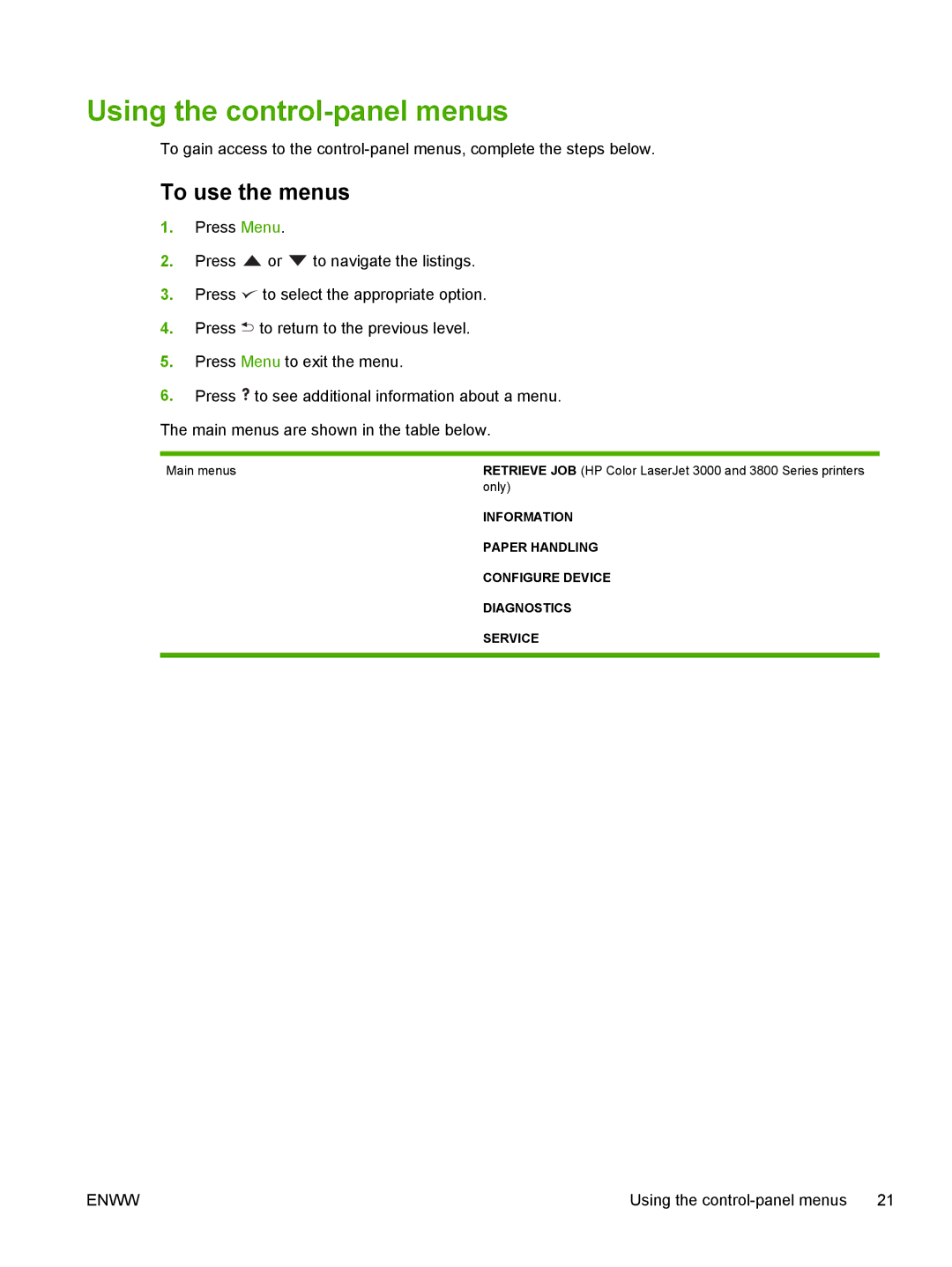 HP 3800, 3000 manual Using the control-panel menus, To use the menus 