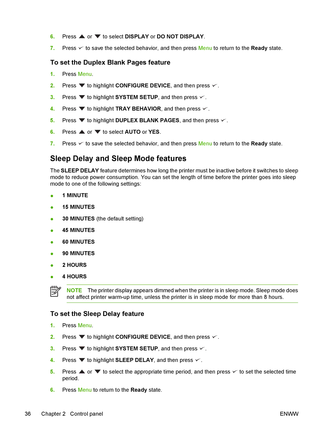 HP 3000, 3800 Sleep Delay and Sleep Mode features, To set the Duplex Blank Pages feature, To set the Sleep Delay feature 