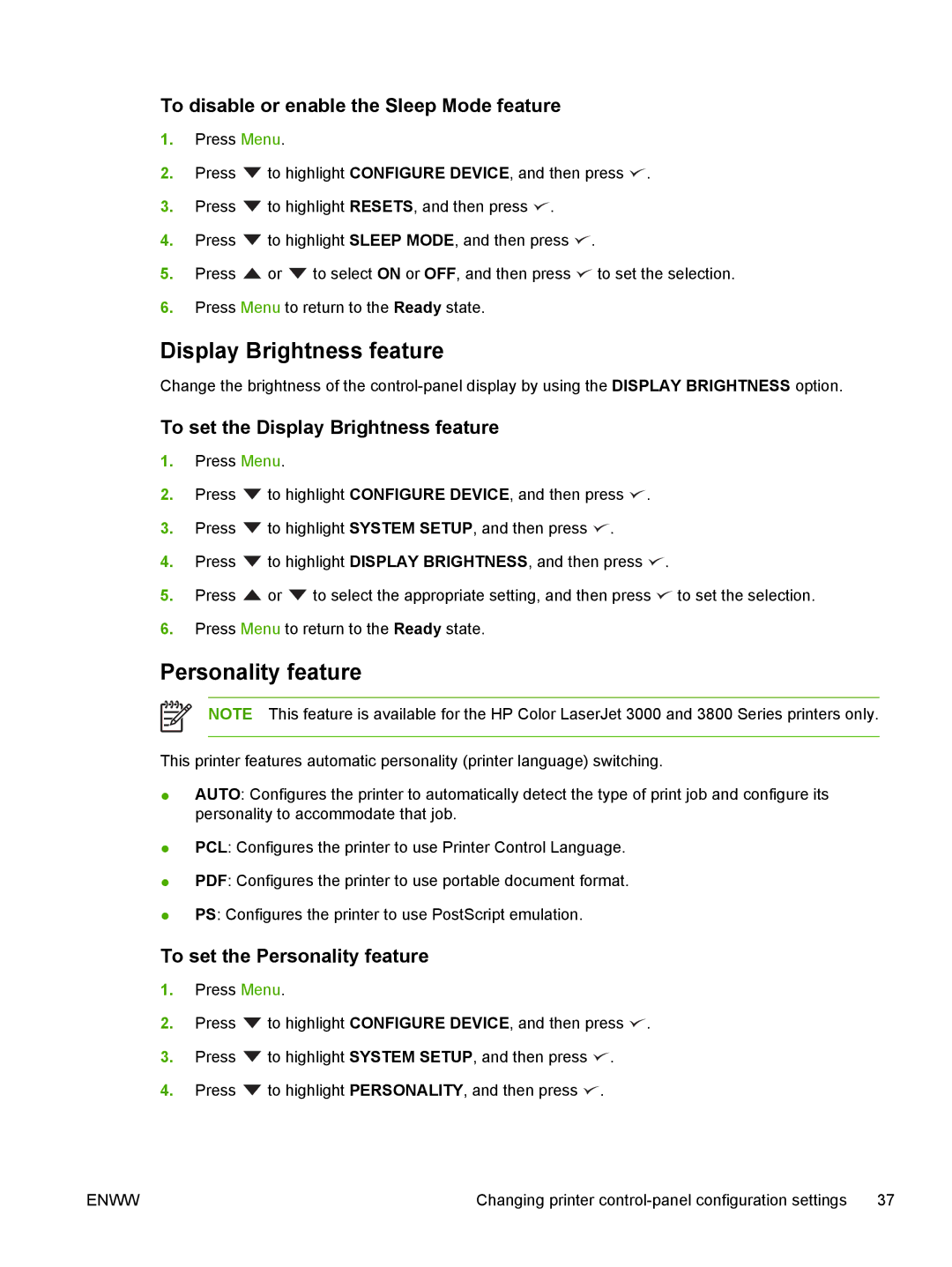 HP 3800, 3000 manual Display Brightness feature, Personality feature, To disable or enable the Sleep Mode feature 