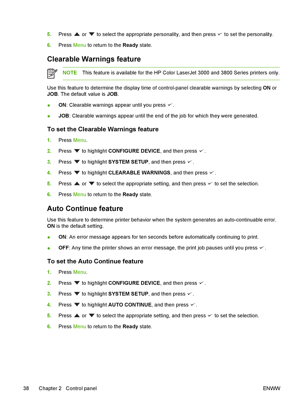 HP 3000, 3800 manual To set the Clearable Warnings feature, To set the Auto Continue feature 