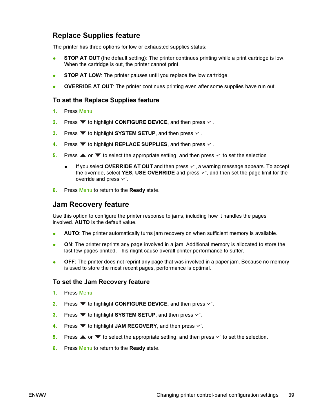 HP 3800, 3000 manual To set the Replace Supplies feature, To set the Jam Recovery feature 