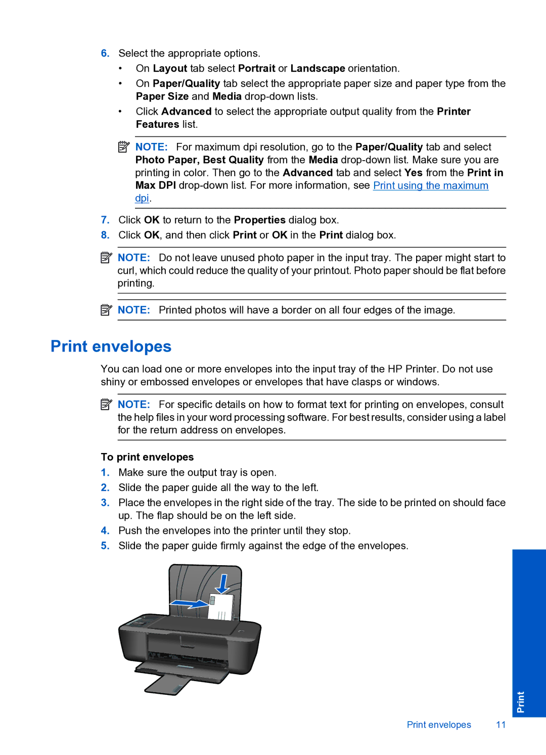 HP 3000 J310A CH393A#B1H manual Print envelopes, To print envelopes 