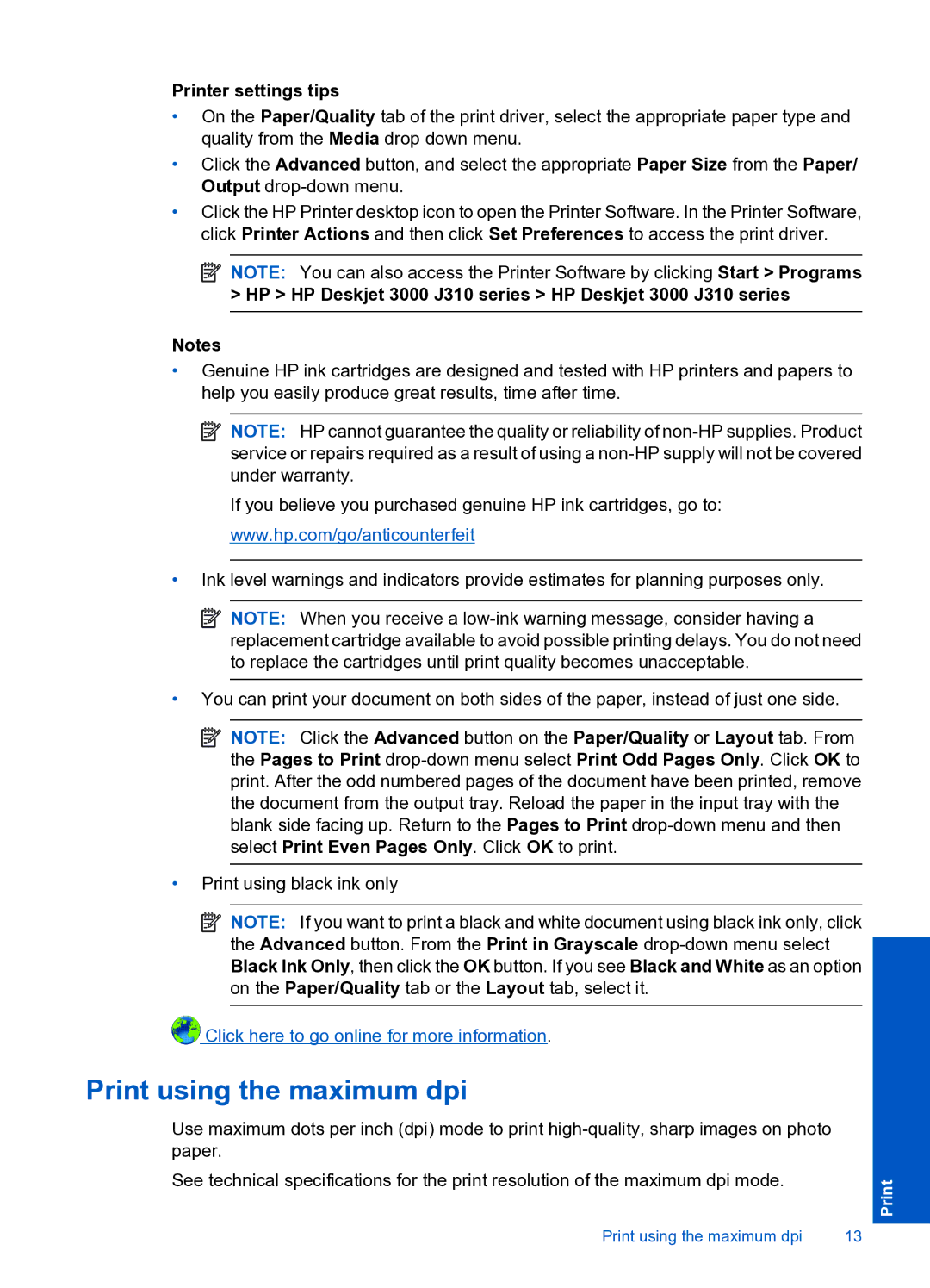 HP manual Print using the maximum dpi, Printer settings tips, HP HP Deskjet 3000 J310 series HP Deskjet 3000 J310 series 