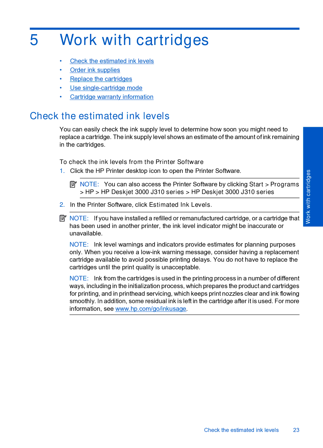 HP J310 manual Work with cartridges, Check the estimated ink levels, To check the ink levels from the Printer Software 