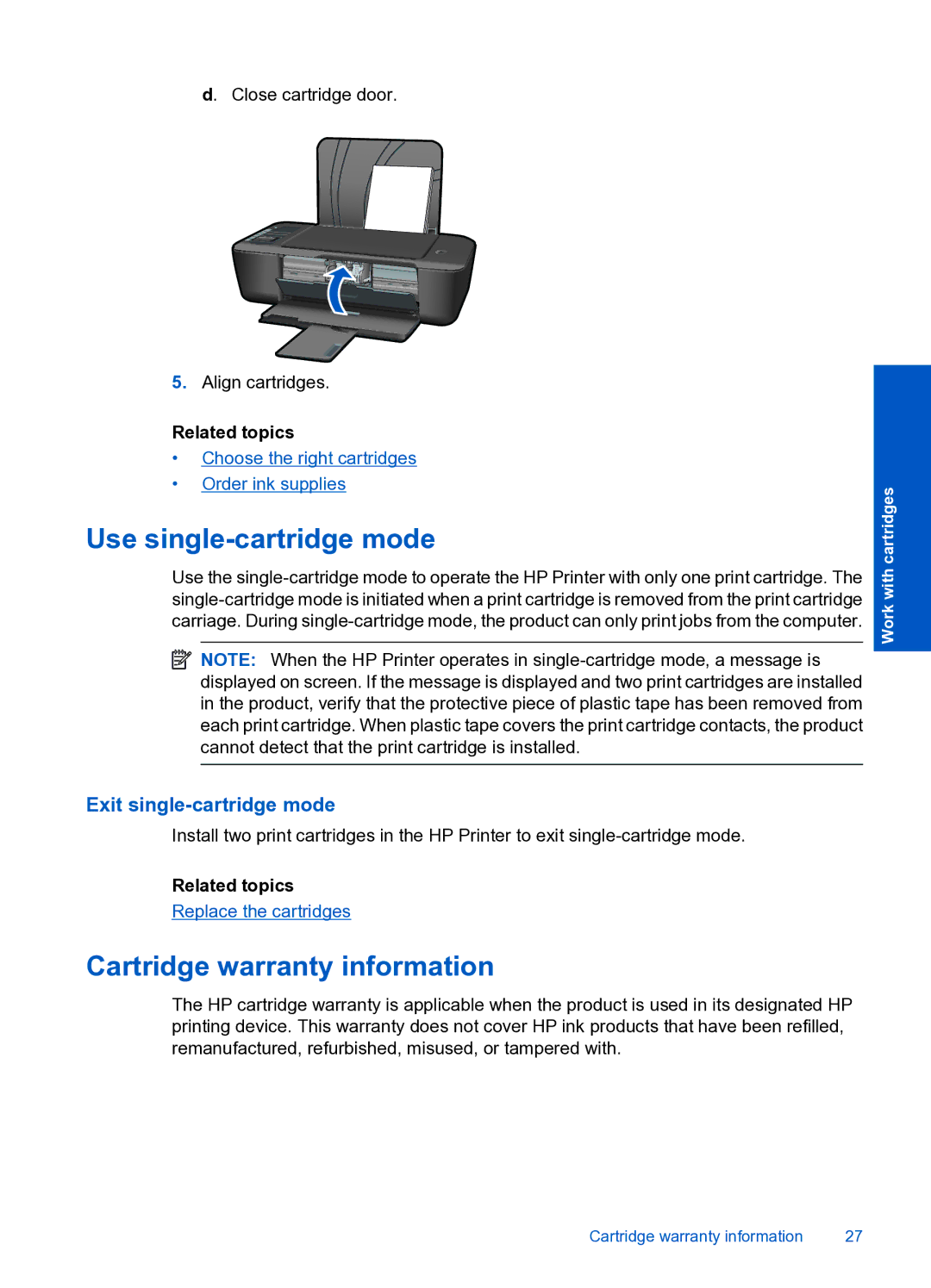 HP 3000 J310A CH393A#B1H manual Use single-cartridge mode, Cartridge warranty information 