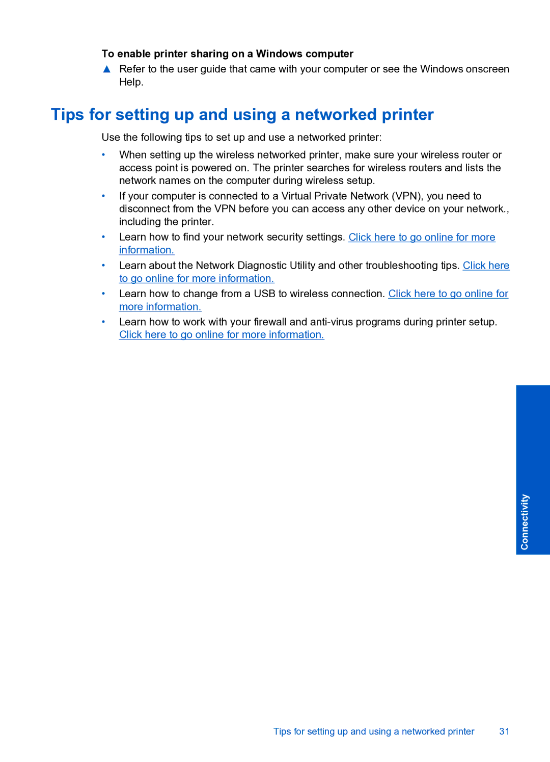 HP J310 manual Tips for setting up and using a networked printer, To enable printer sharing on a Windows computer 