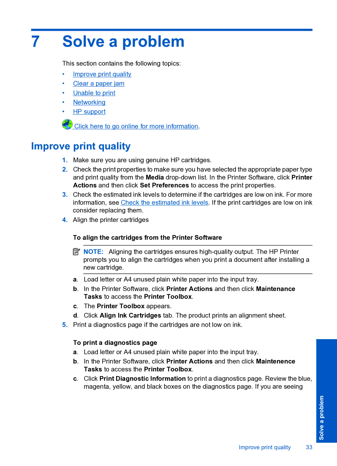 HP J310 Solve a problem, Improve print quality, To align the cartridges from the Printer Software, Printer Toolbox appears 