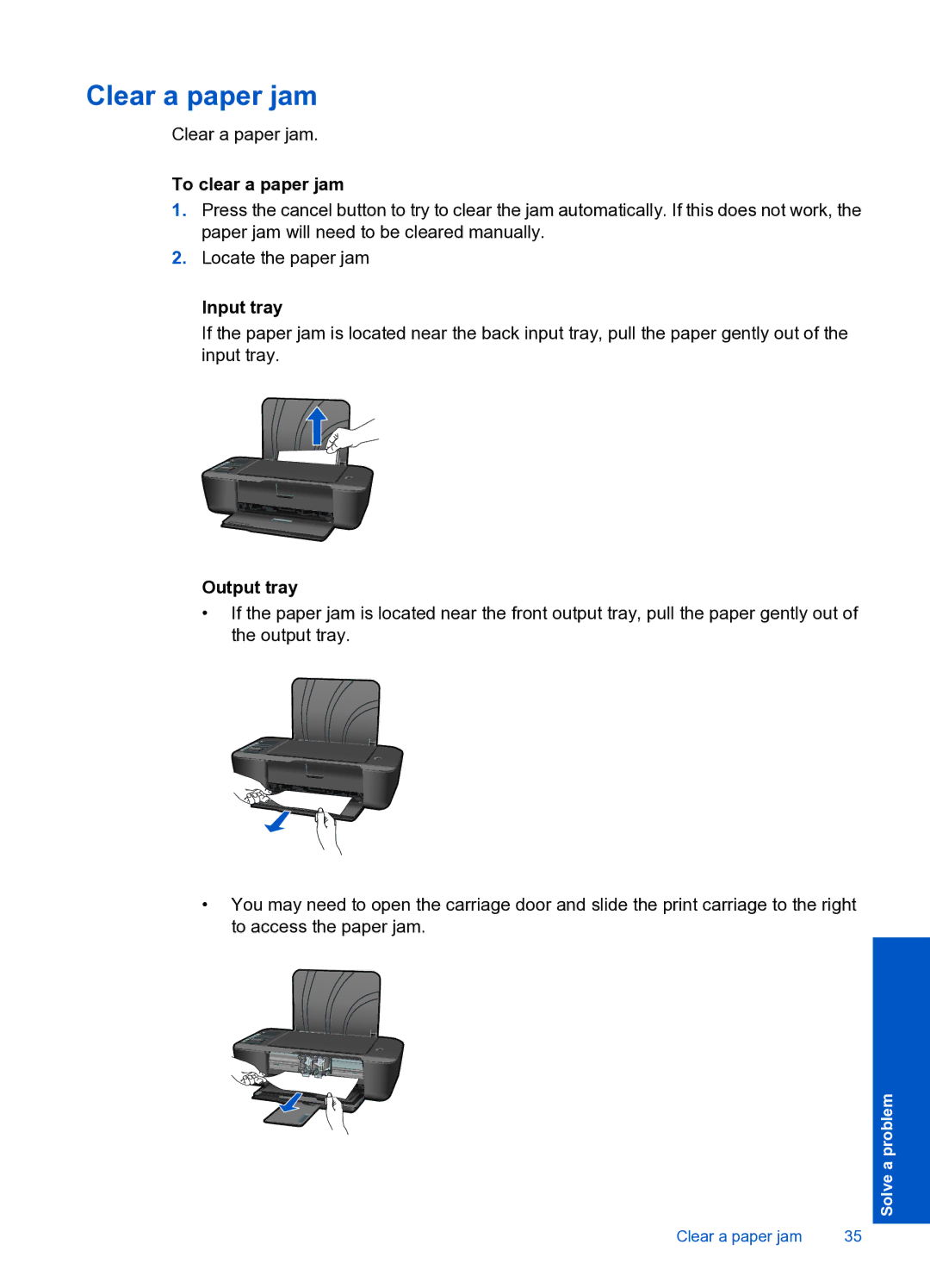 HP 3000 J310A CH393A#B1H manual Clear a paper jam, To clear a paper jam, Input tray, Output tray 