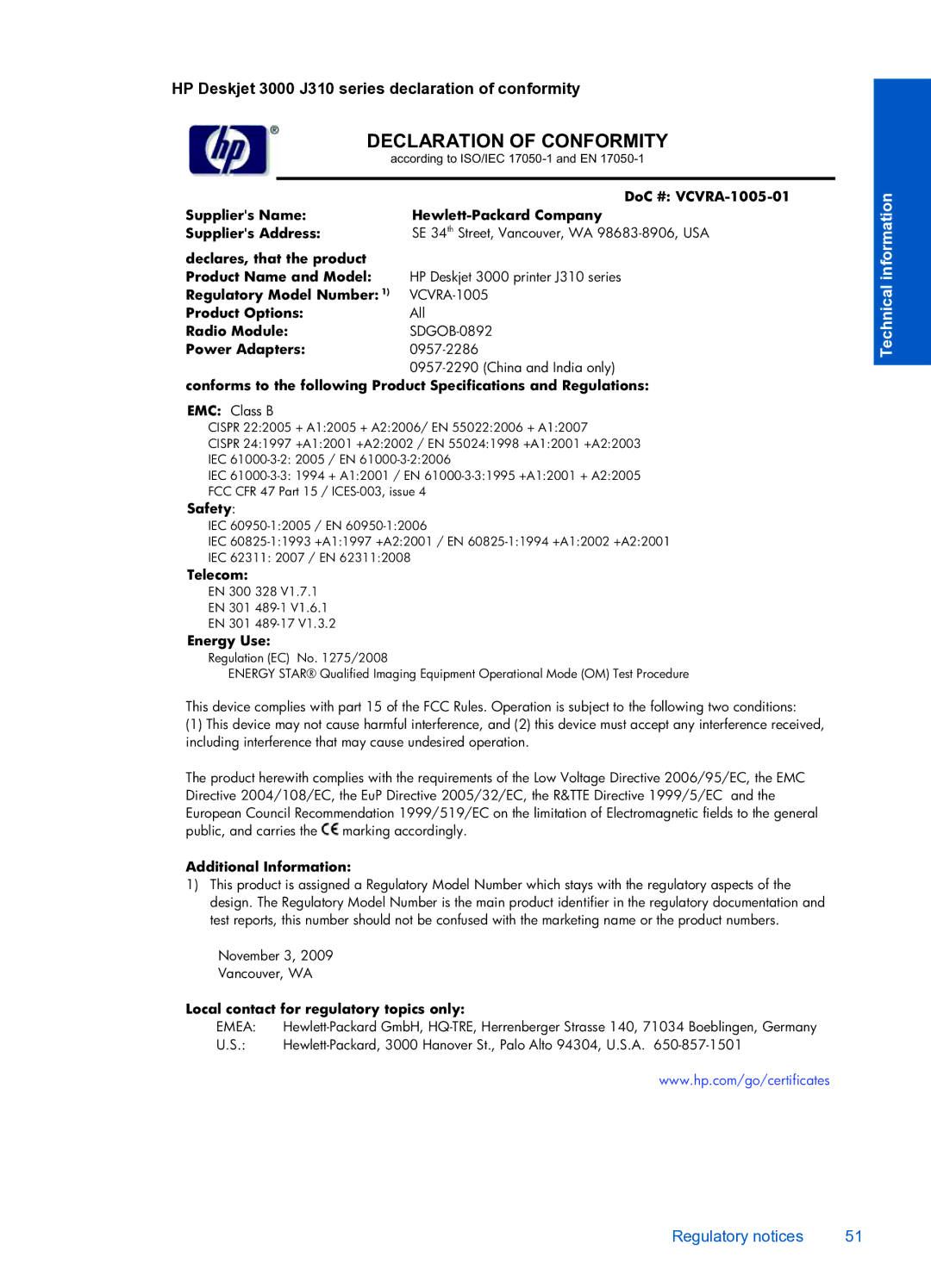 HP 3000 J310A CH393A#B1H manual Declaration of Conformity 