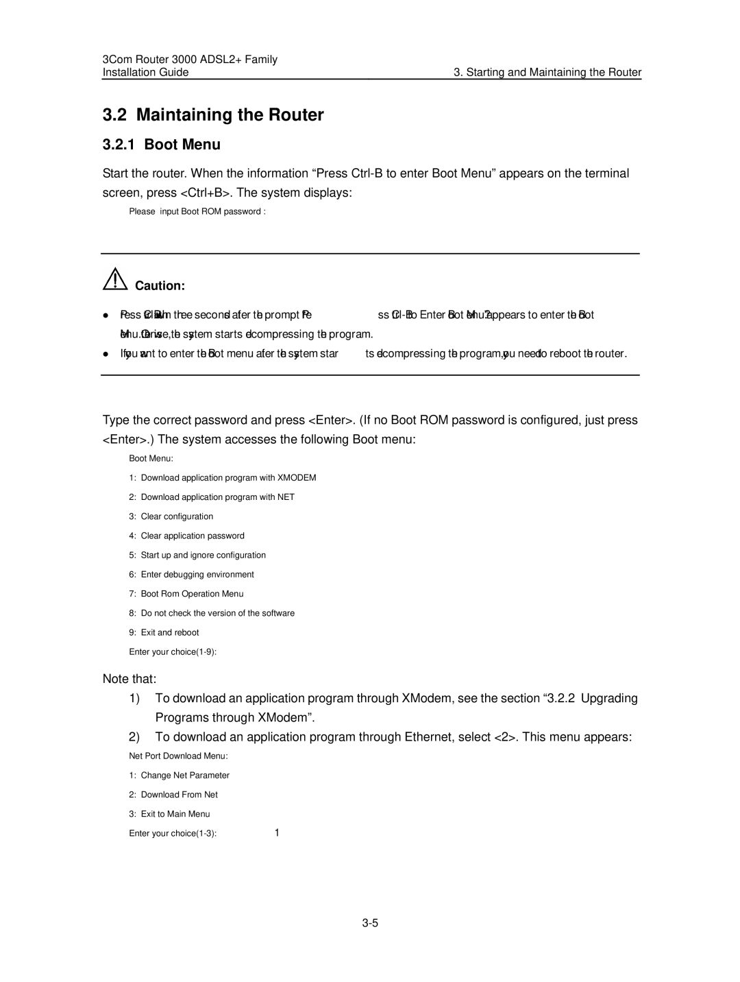 HP 3000 Router manual Maintaining the Router, Boot Menu 