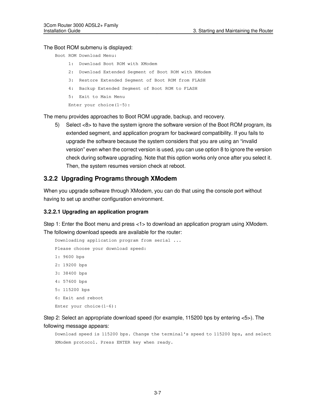 HP 3000 Router manual Upgrading Programs through XModem, Upgrading an application program 