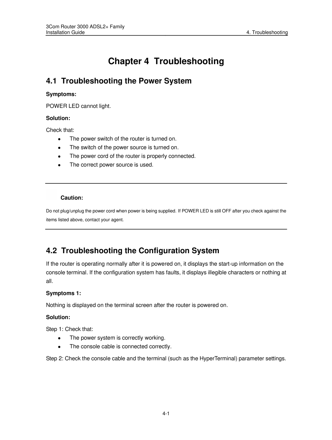 HP 3000 Router manual Troubleshooting the Power System, Troubleshooting the Configuration System, Symptoms, Solution 