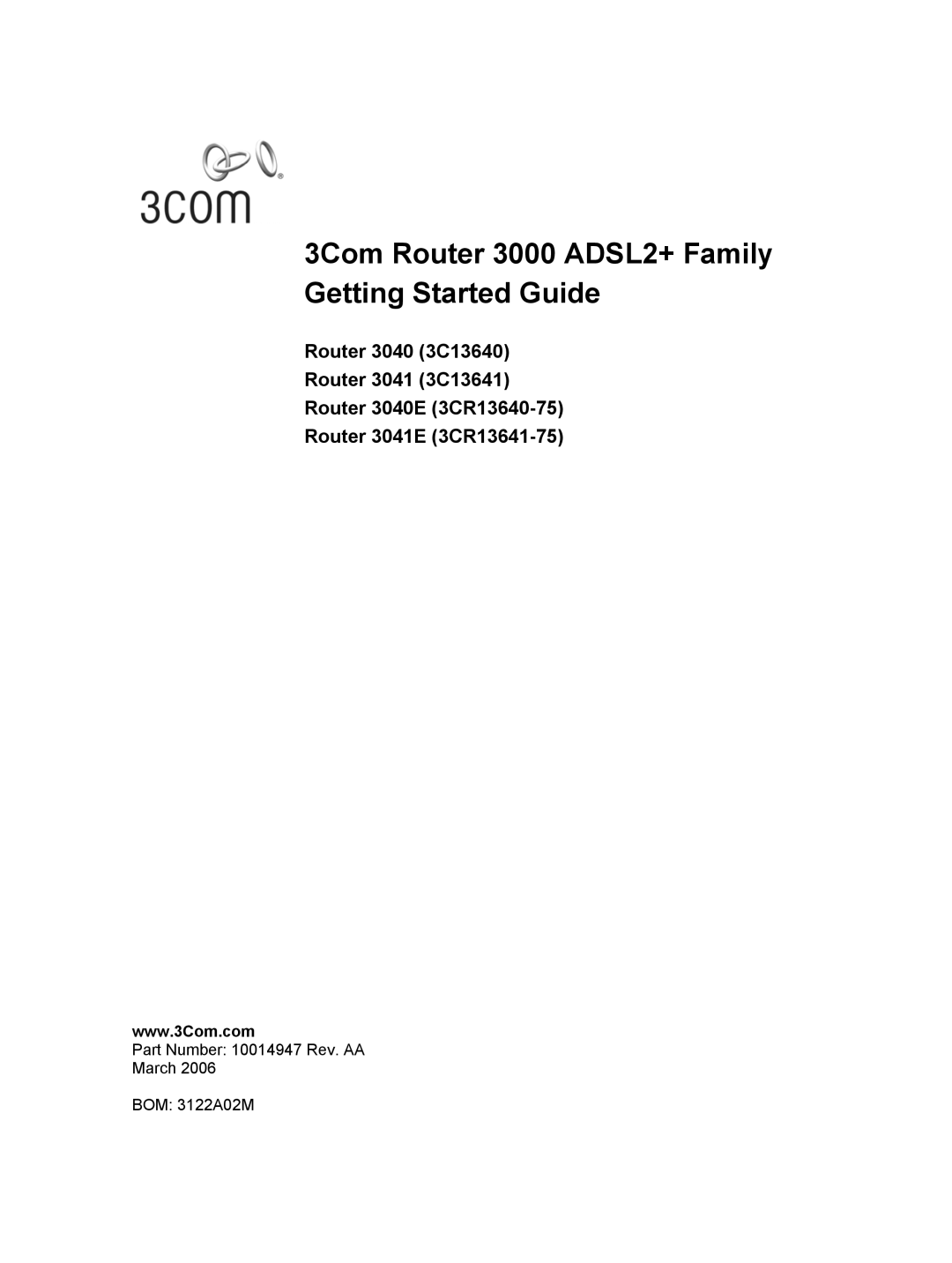 HP 3000 Router manual 3Com Router 3000 ADSL2+ Family Getting Started Guide 