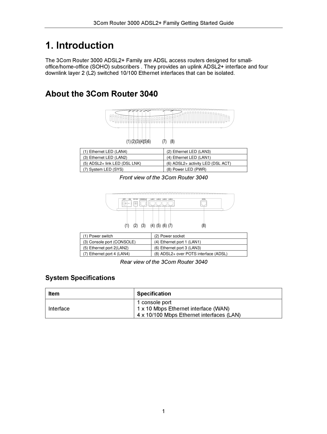 HP 3000 Router manual Introduction, About the 3Com Router, System Specifications 