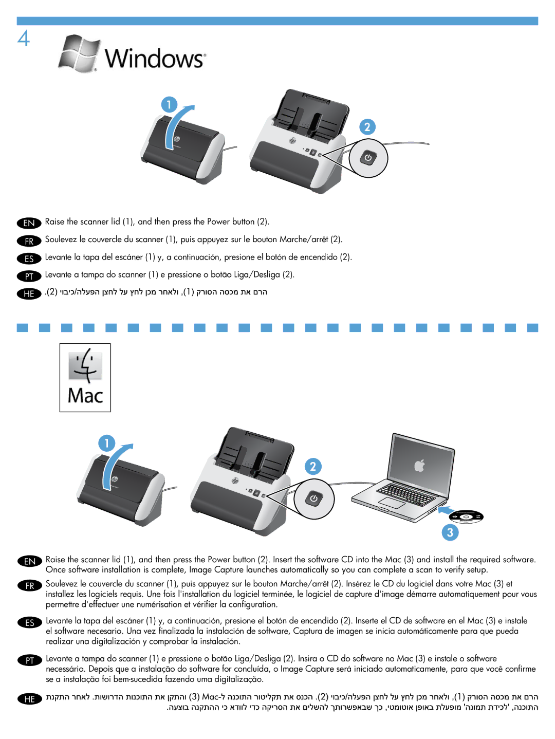 HP 3000 s2 Sheet-feed manual Raise the scanner lid 1, and then press the Power button 