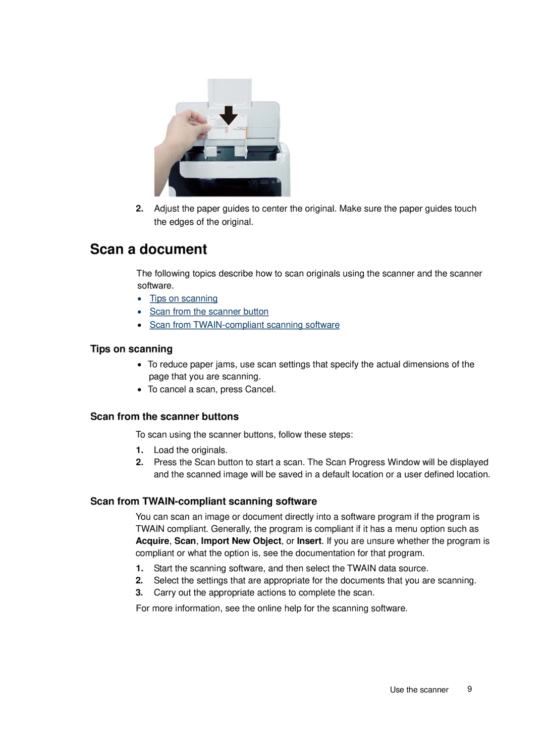 HP 3000 Sheet-feed manual Scan a document, Tips on scanning, Scan from the scanner buttons 