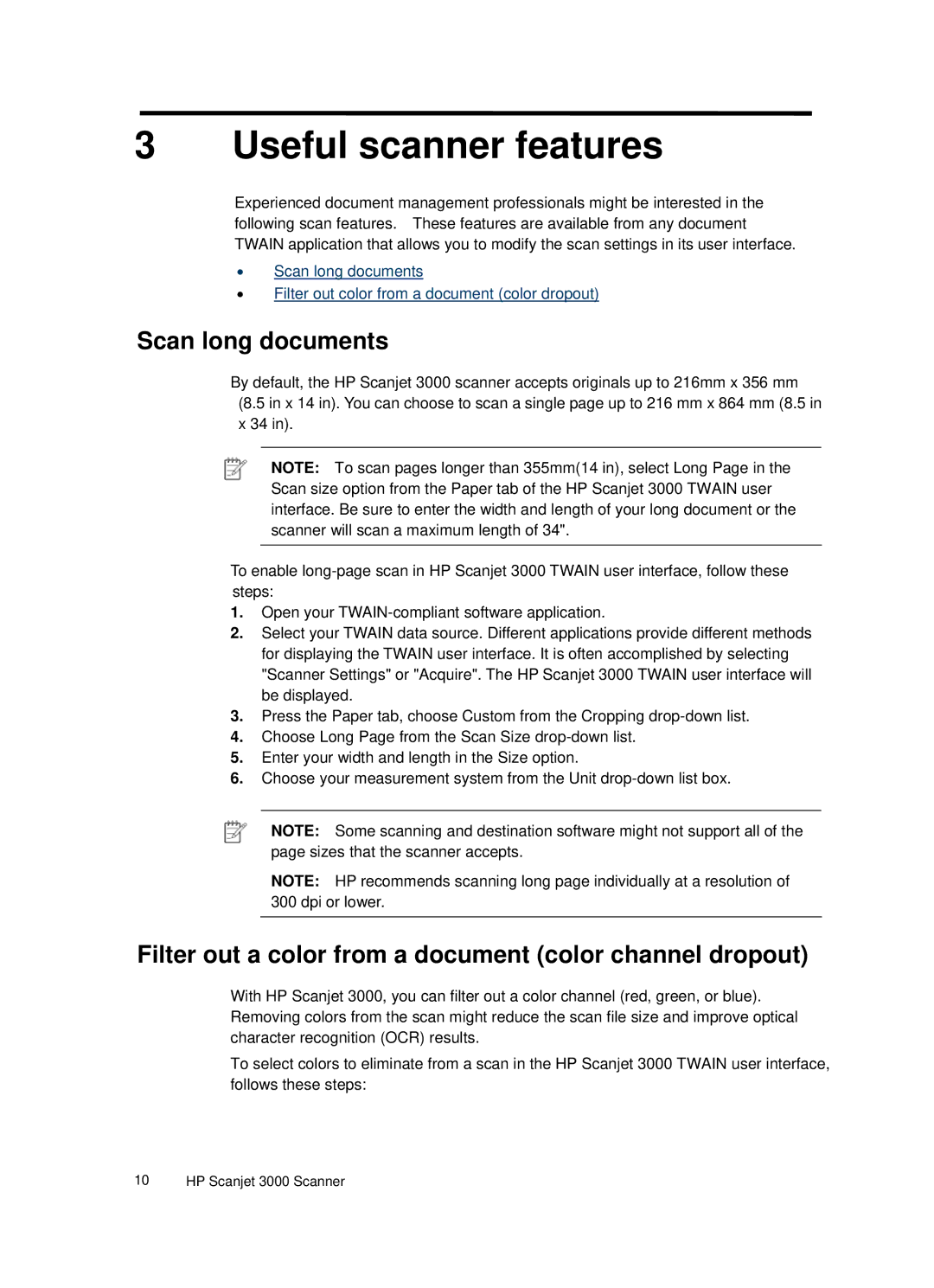 HP 3000 Sheet-feed Useful scanner features, Scan long documents, Filter out a color from a document color channel dropout 