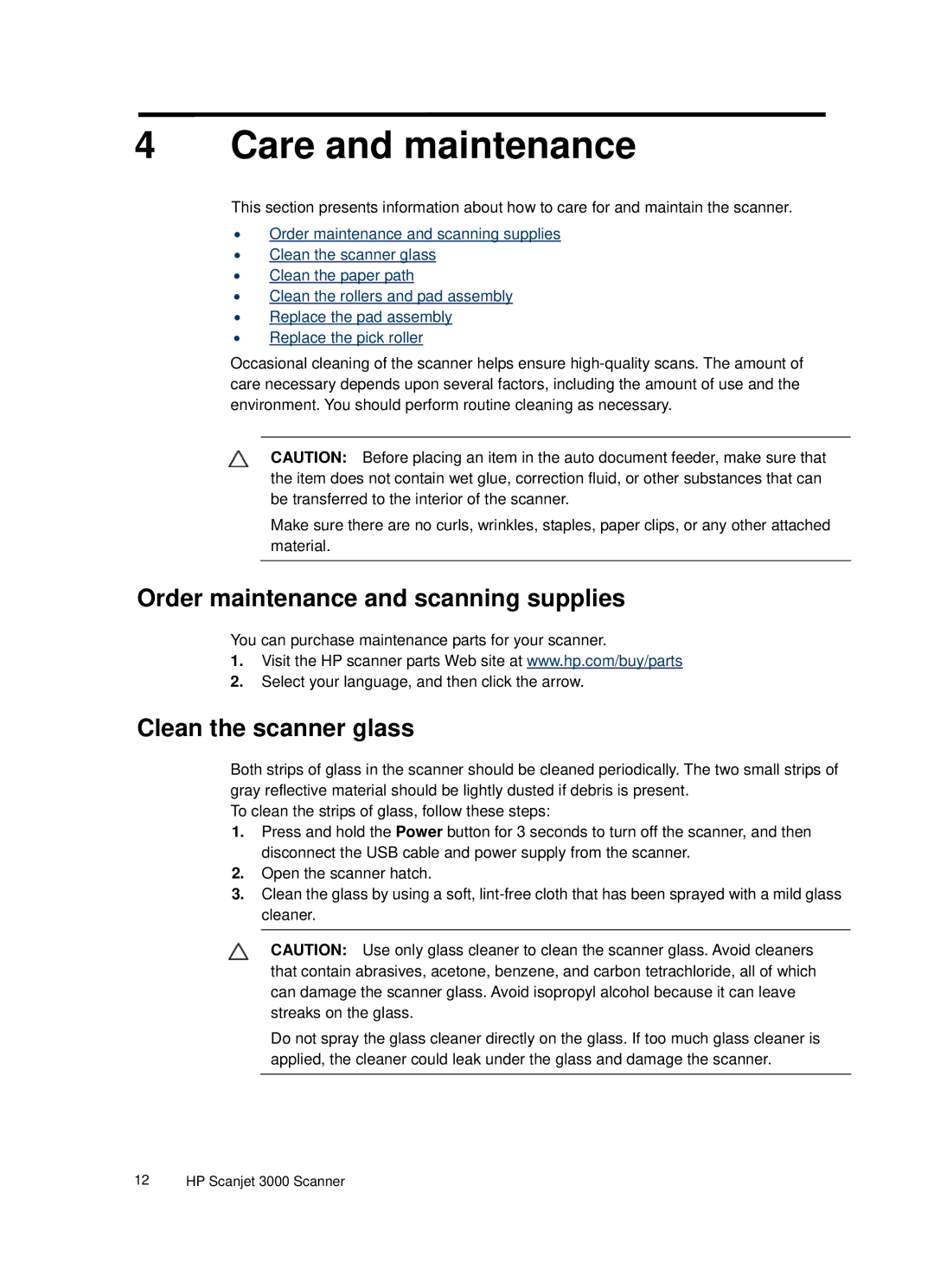 HP 3000 Sheet-feed manual Care and maintenance, Order maintenance and scanning supplies, Clean the scanner glass 