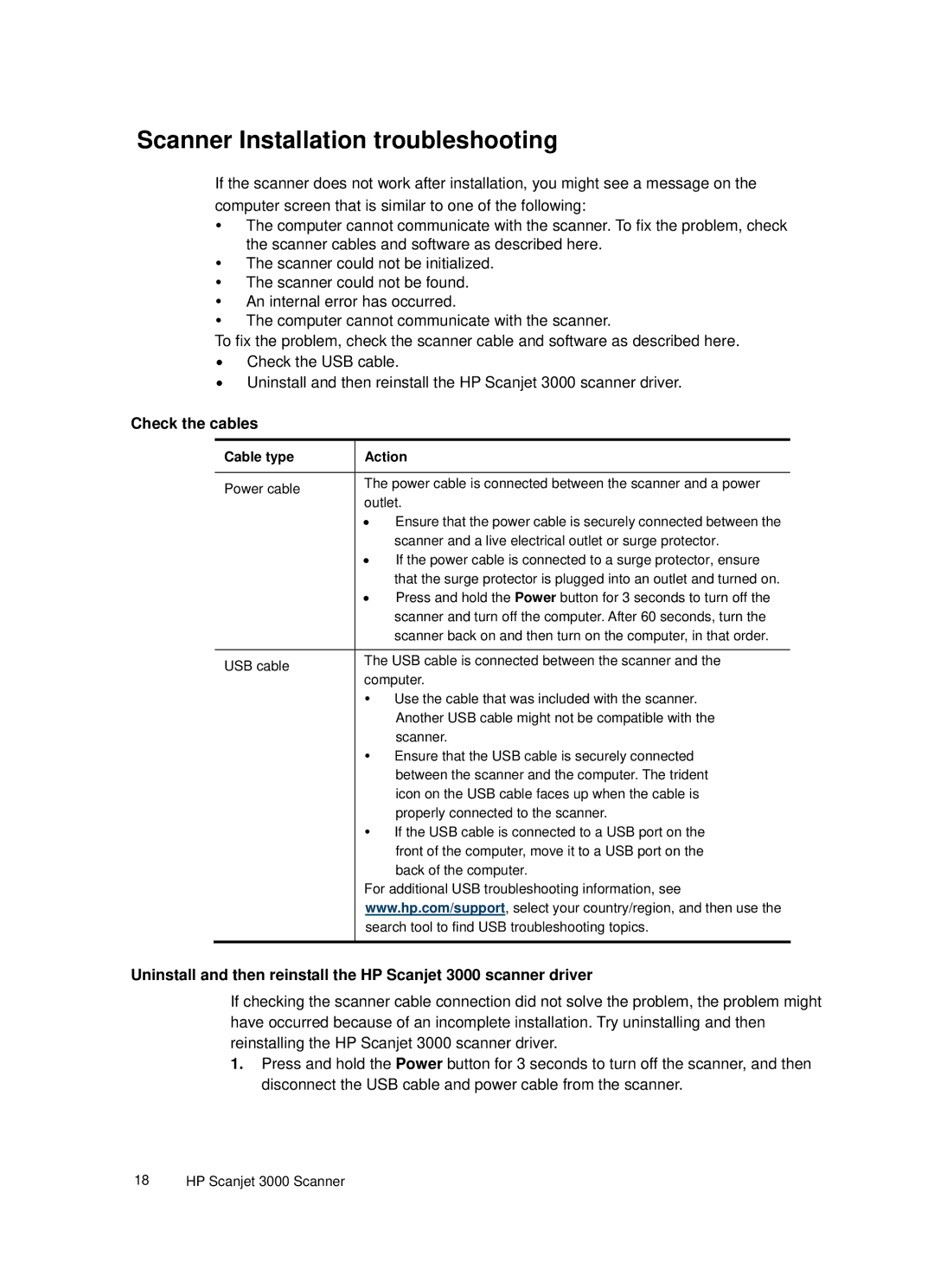 HP 3000 Sheet-feed manual Scanner Installation troubleshooting, Check the cables 