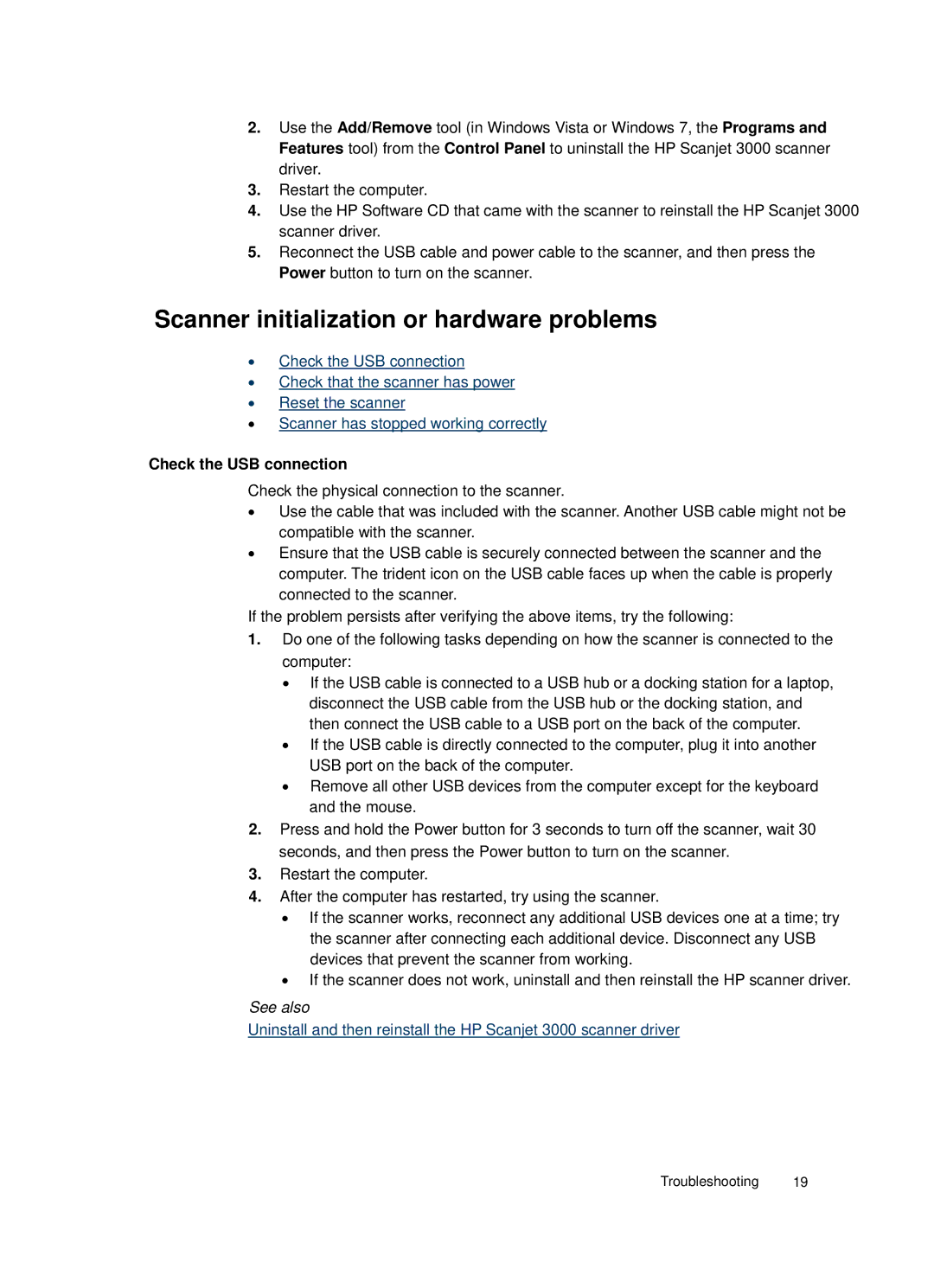 HP 3000 Sheet-feed manual Scanner initialization or hardware problems, Check the USB connection 