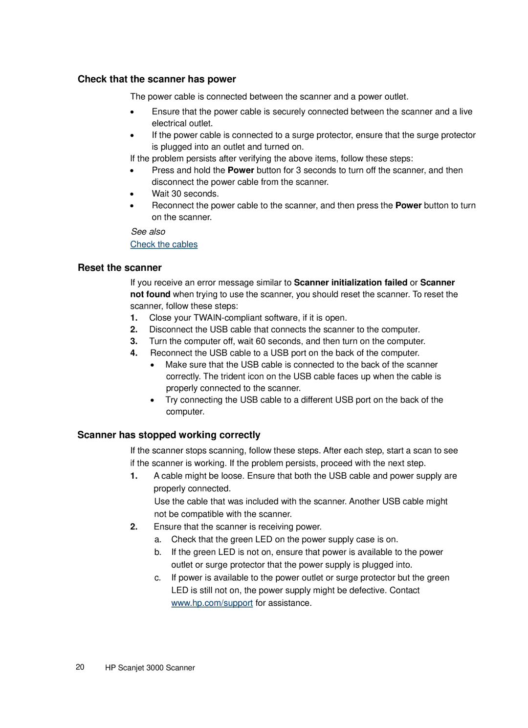 HP 3000 Sheet-feed manual Check that the scanner has power, Reset the scanner, Scanner has stopped working correctly 