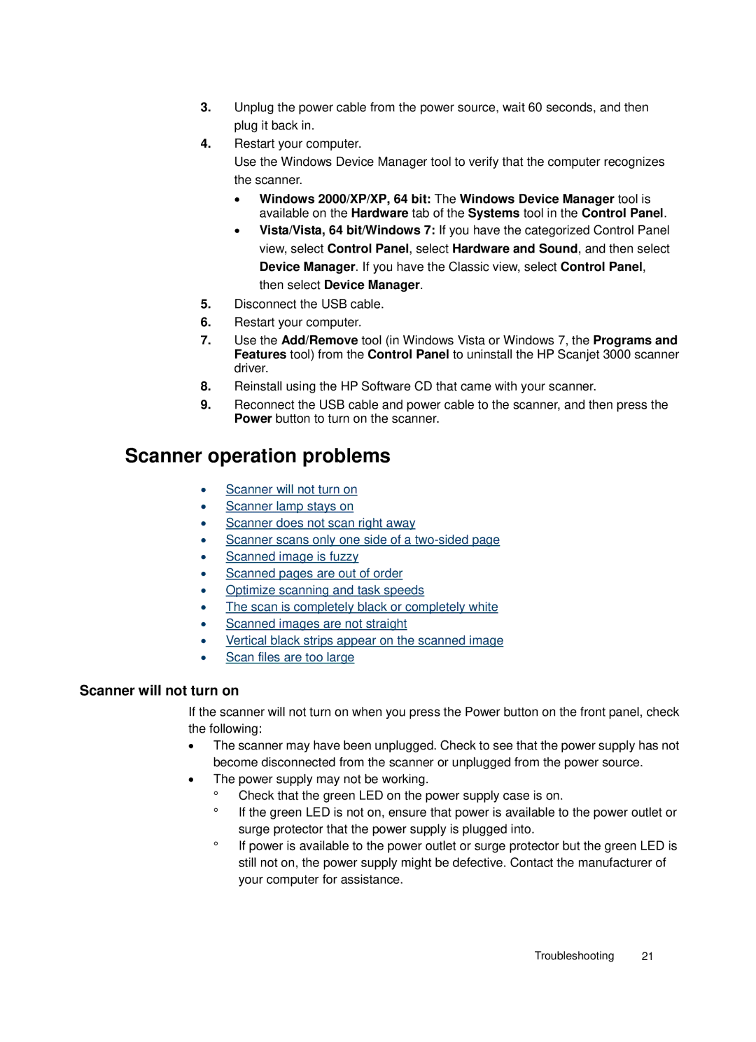 HP 3000 Sheet-feed manual Scanner operation problems, Scanner will not turn on 