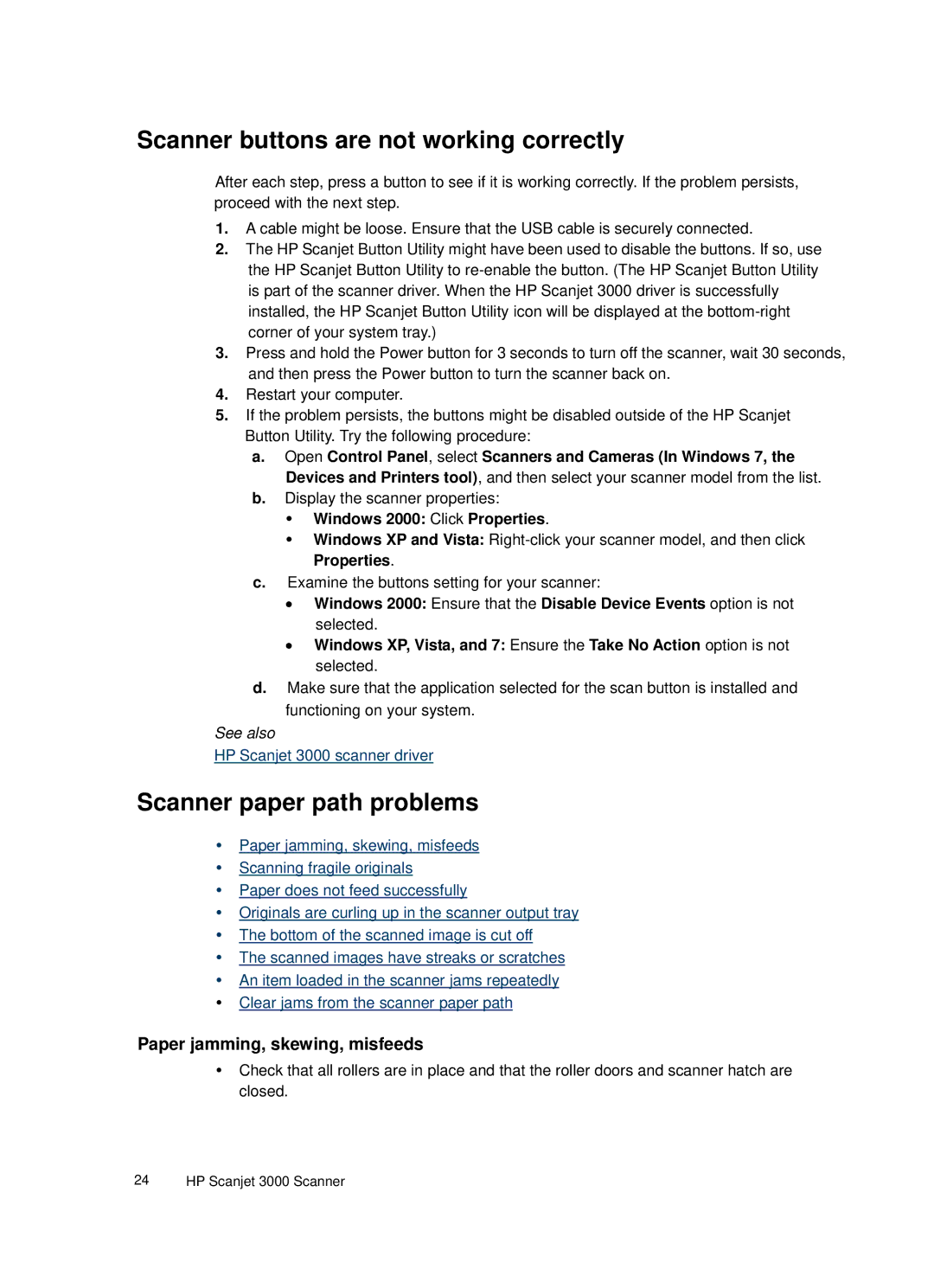 HP 3000 Sheet-feed Scanner buttons are not working correctly, Scanner paper path problems, Windows 2000 Click Properties 