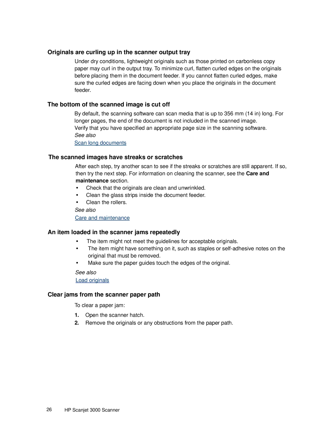 HP 3000 Sheet-feed manual Originals are curling up in the scanner output tray, Bottom of the scanned image is cut off 