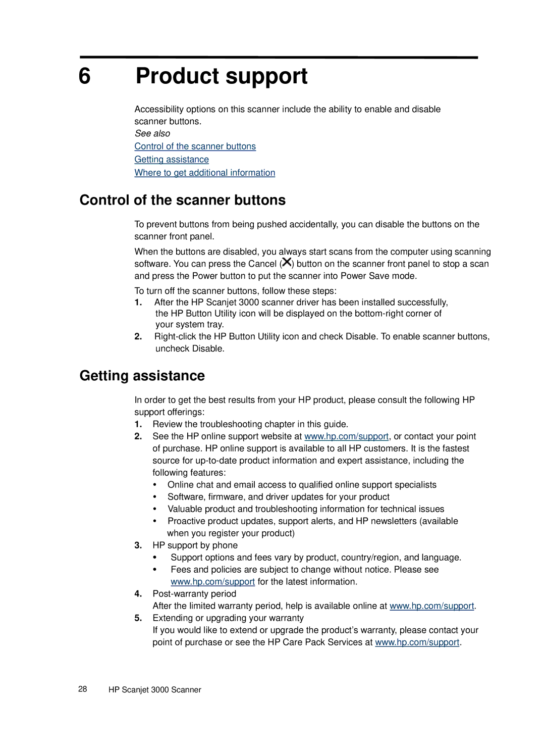 HP 3000 Sheet-feed manual Product support, Control of the scanner buttons, Getting assistance 