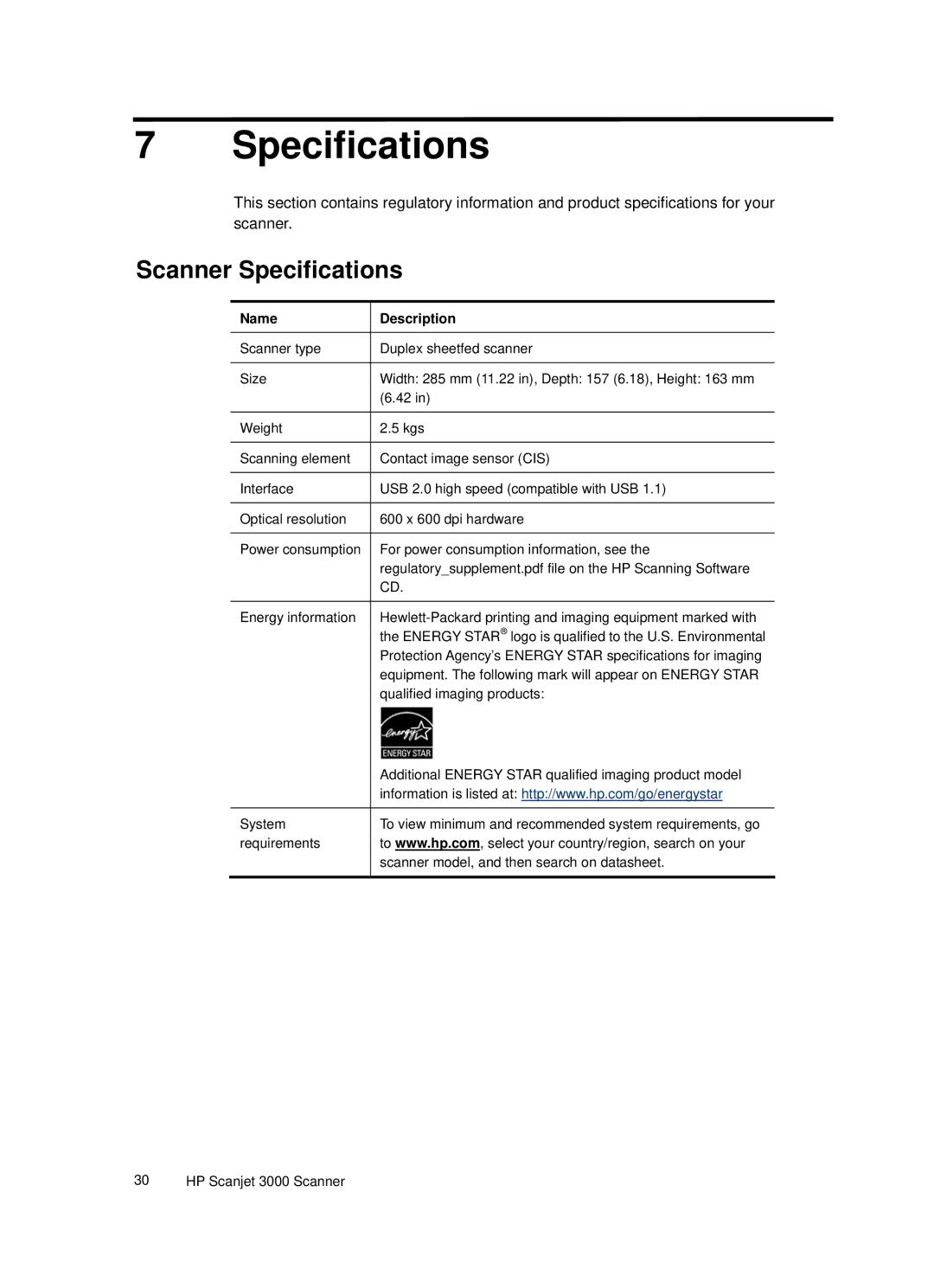 HP 3000 Sheet-feed manual Scanner Specifications 