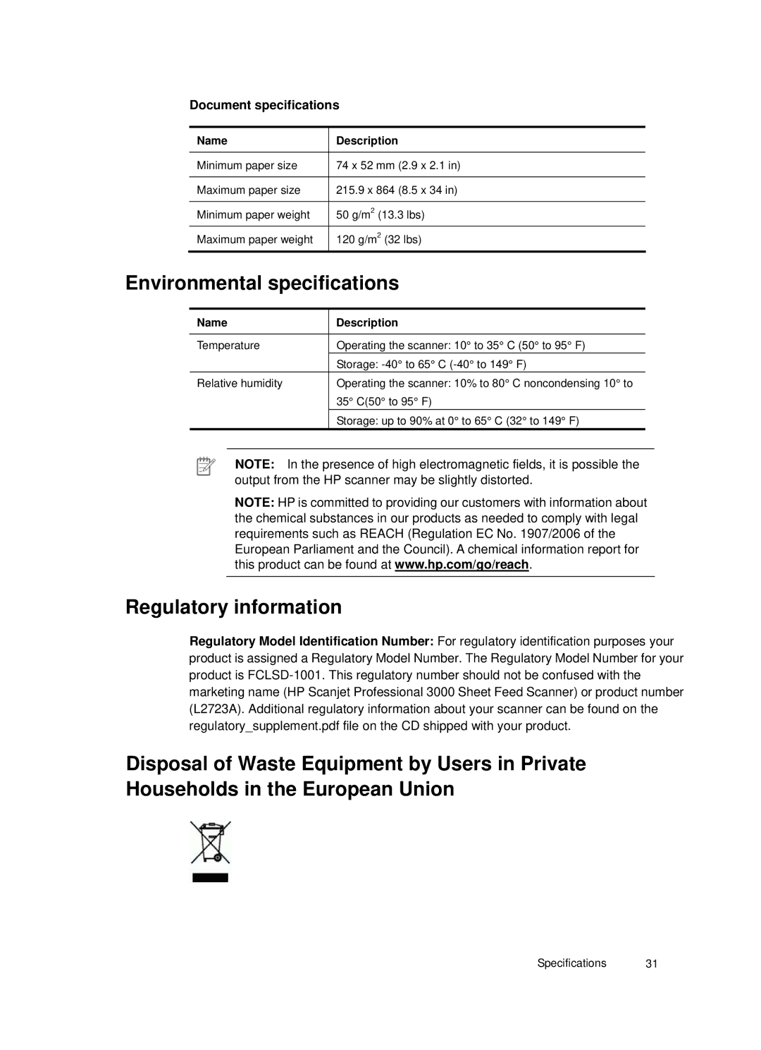 HP 3000 Sheet-feed manual Environmental specifications, Document specifications 