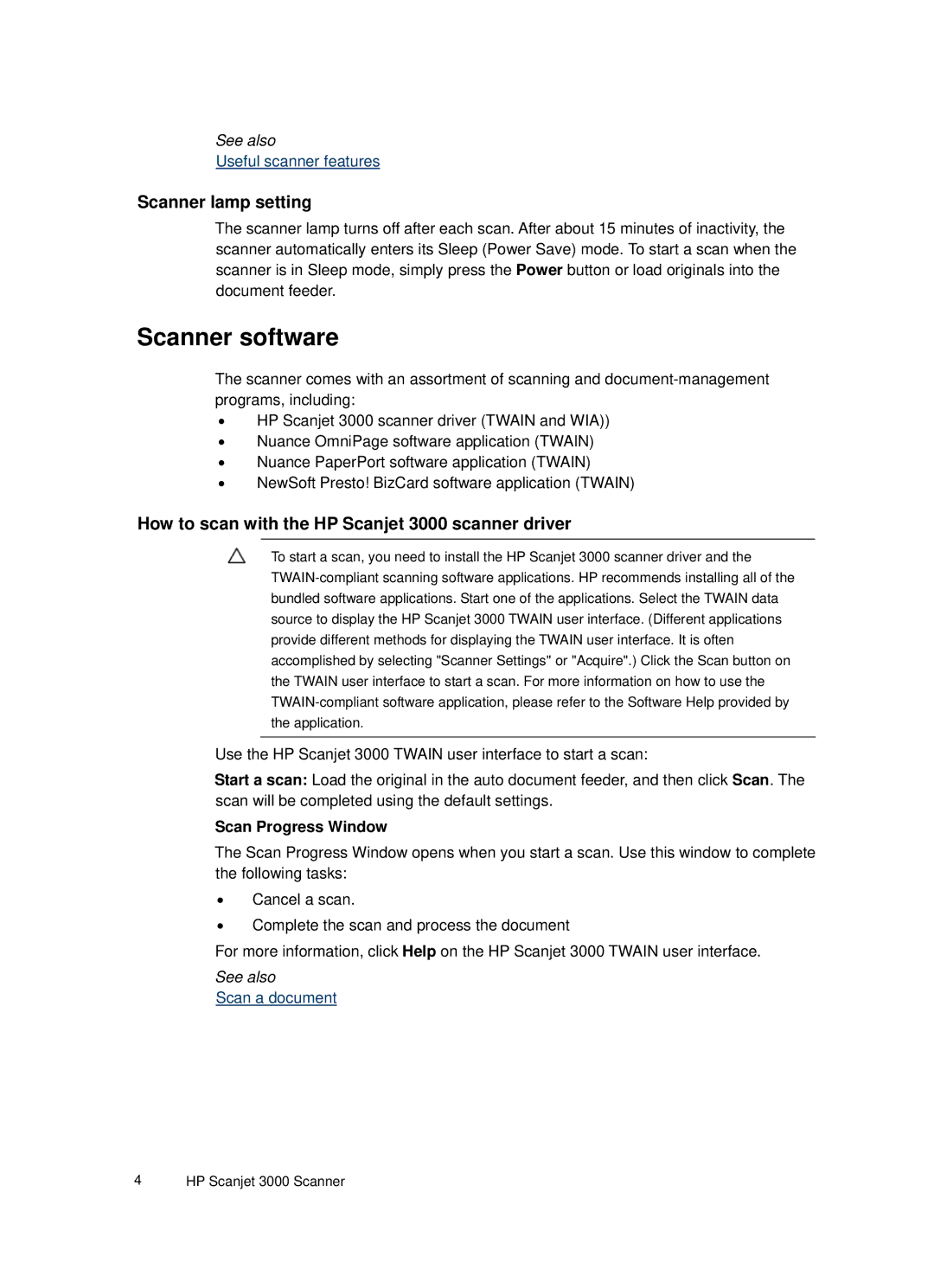 HP 3000 Sheet-feed manual Scanner software, Scanner lamp setting, How to scan with the HP Scanjet 3000 scanner driver 