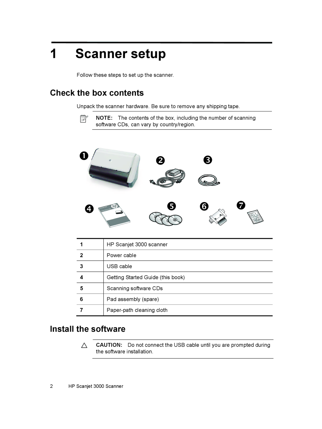 HP 3000 Sheet-feed manual Scanner setup, Check the box contents, Install the software 