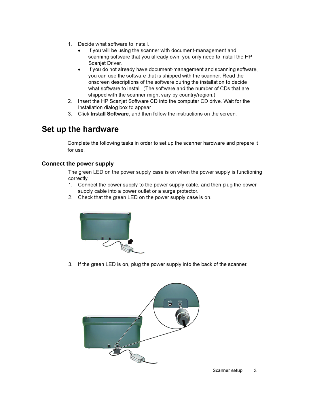 HP 3000 Sheet-feed manual Set up the hardware, Connect the power supply 