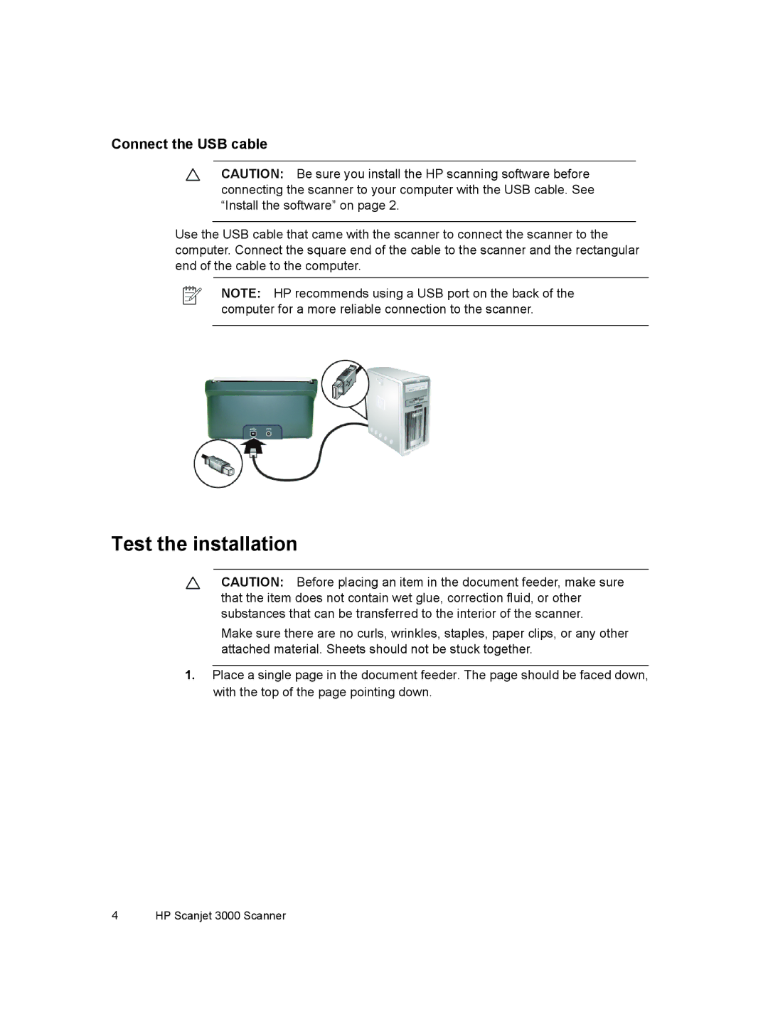 HP 3000 Sheet-feed manual Test the installation, Connect the USB cable 