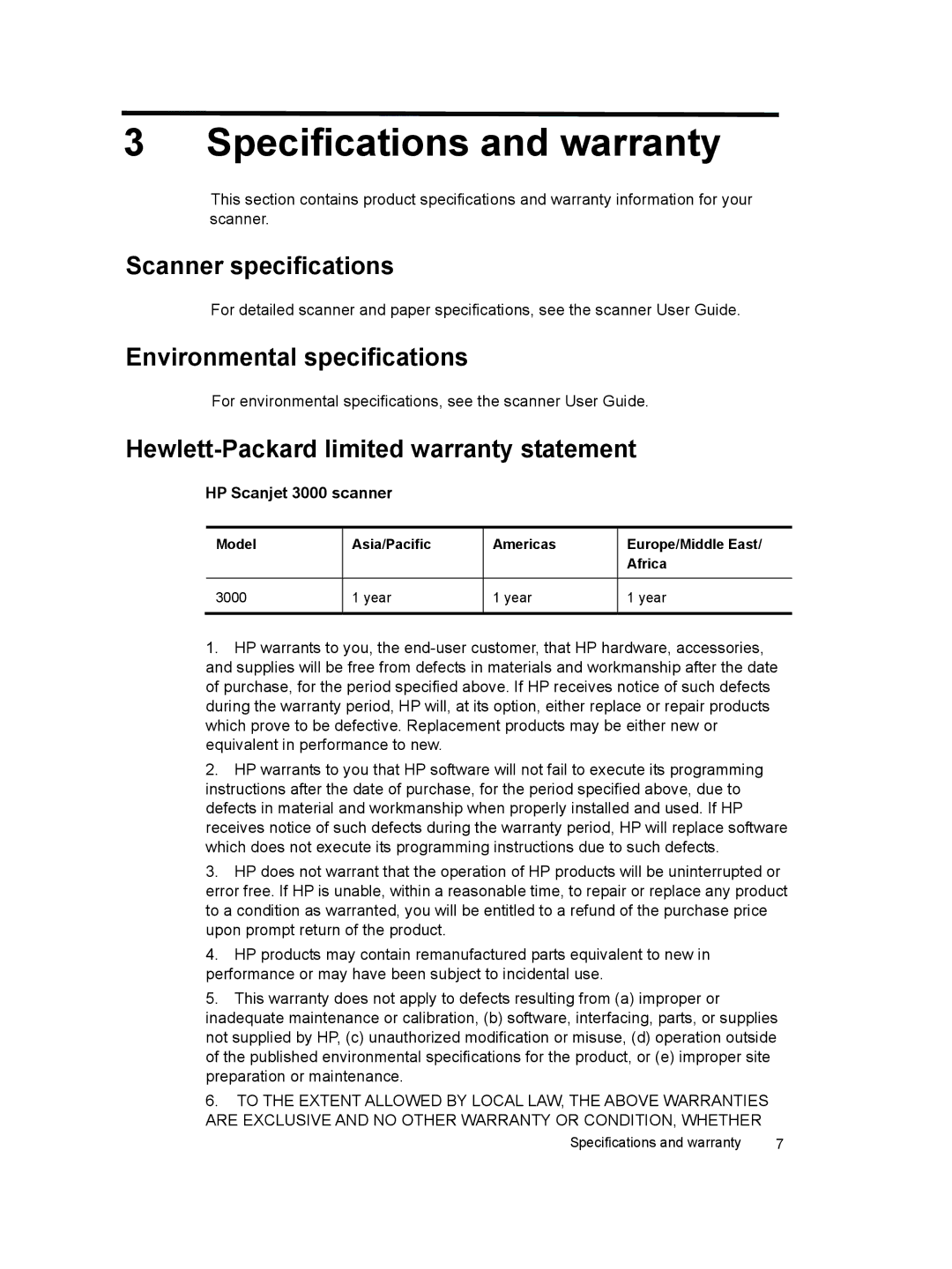 HP 3000 Sheet-feed manual Specifications and warranty, Scanner specifications, Environmental specifications 