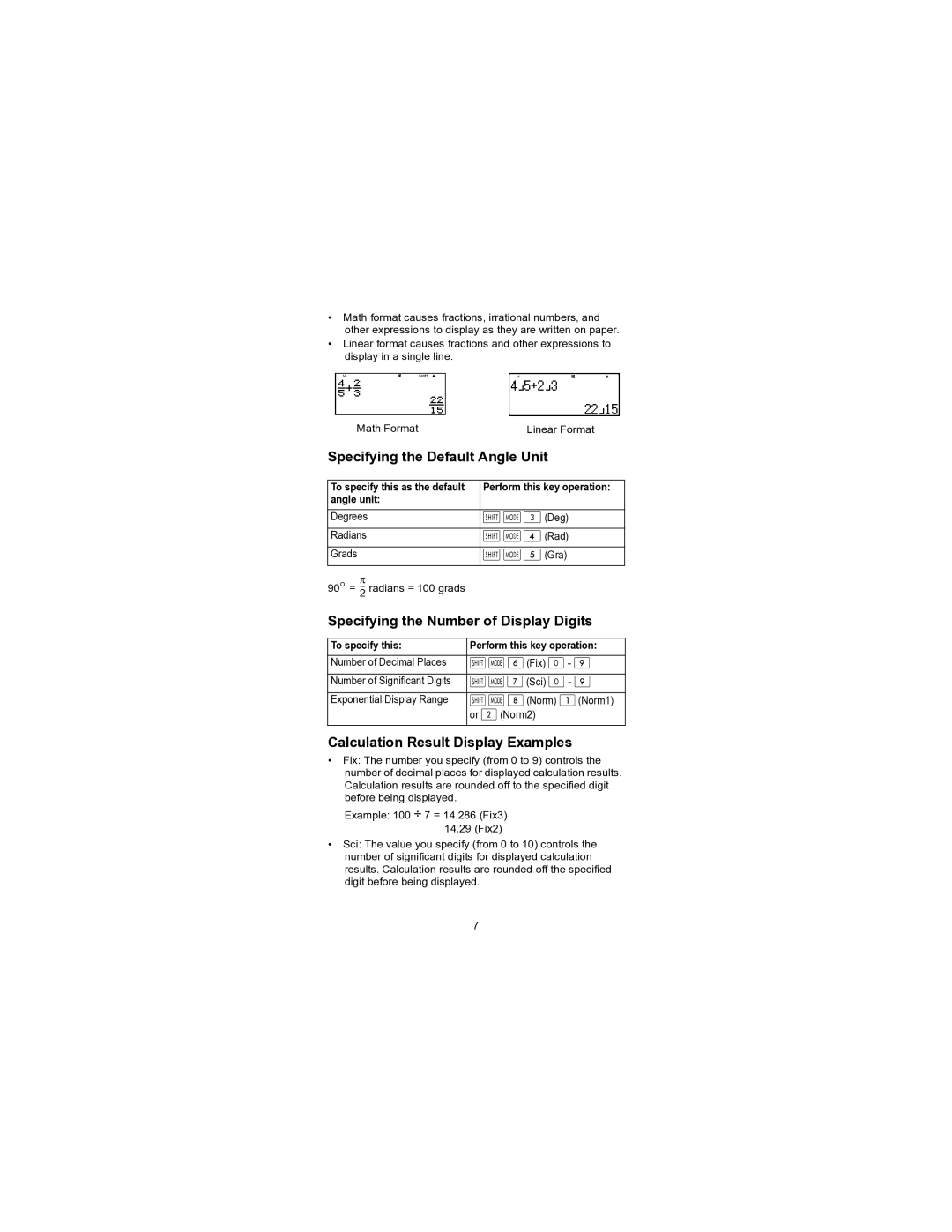 HP 300s+ Scientific Specifying the Default Angle Unit, Specifying the Number of Display Digits, Fix - , Sci -  