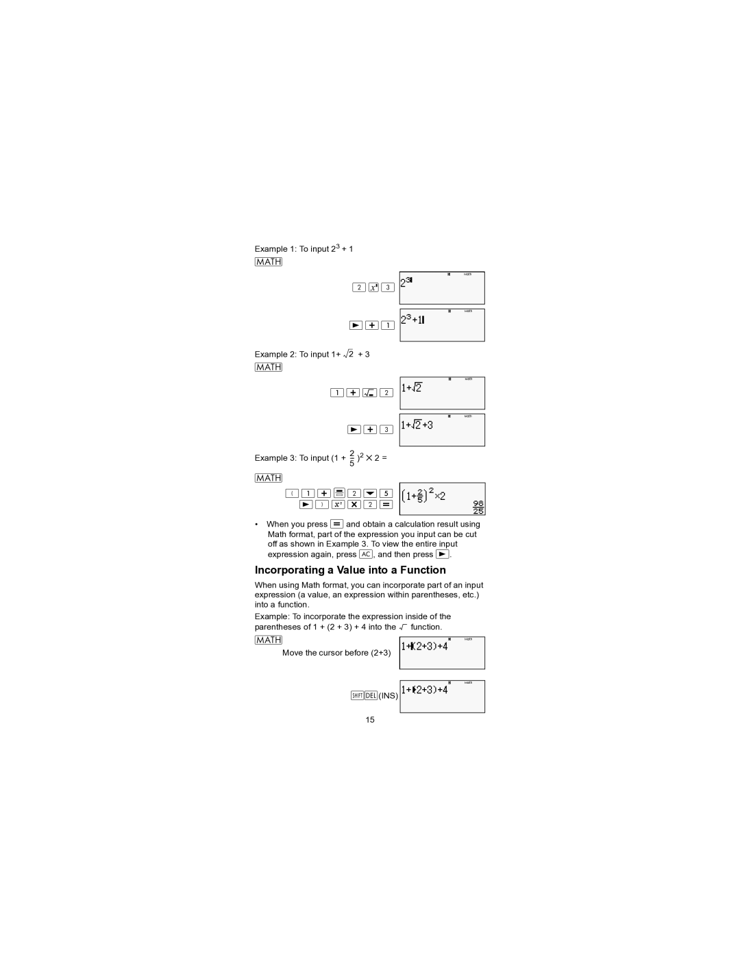 HP 300s+ Scientific manual Incorporating a Value into a Function,    ,  ,     