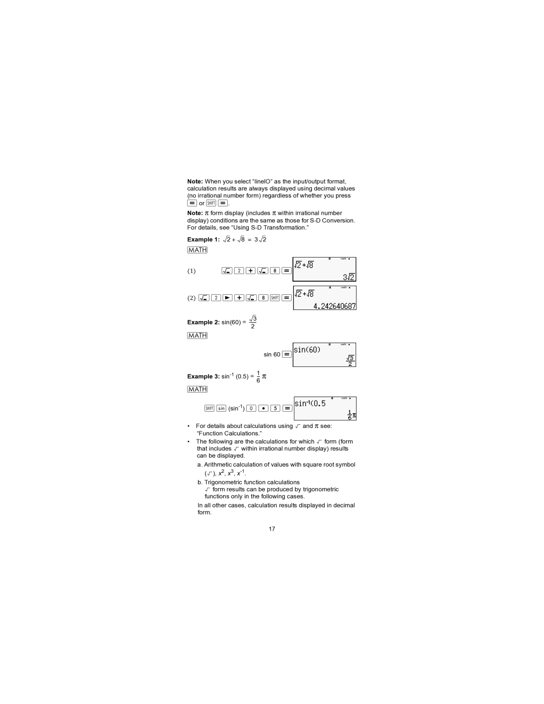 HP 300s+ Scientific manual  , sin-1, Example 1 2 + 8 = 3, Example 2 sin60 =, Example 3 sin-10.5 = 1 π 