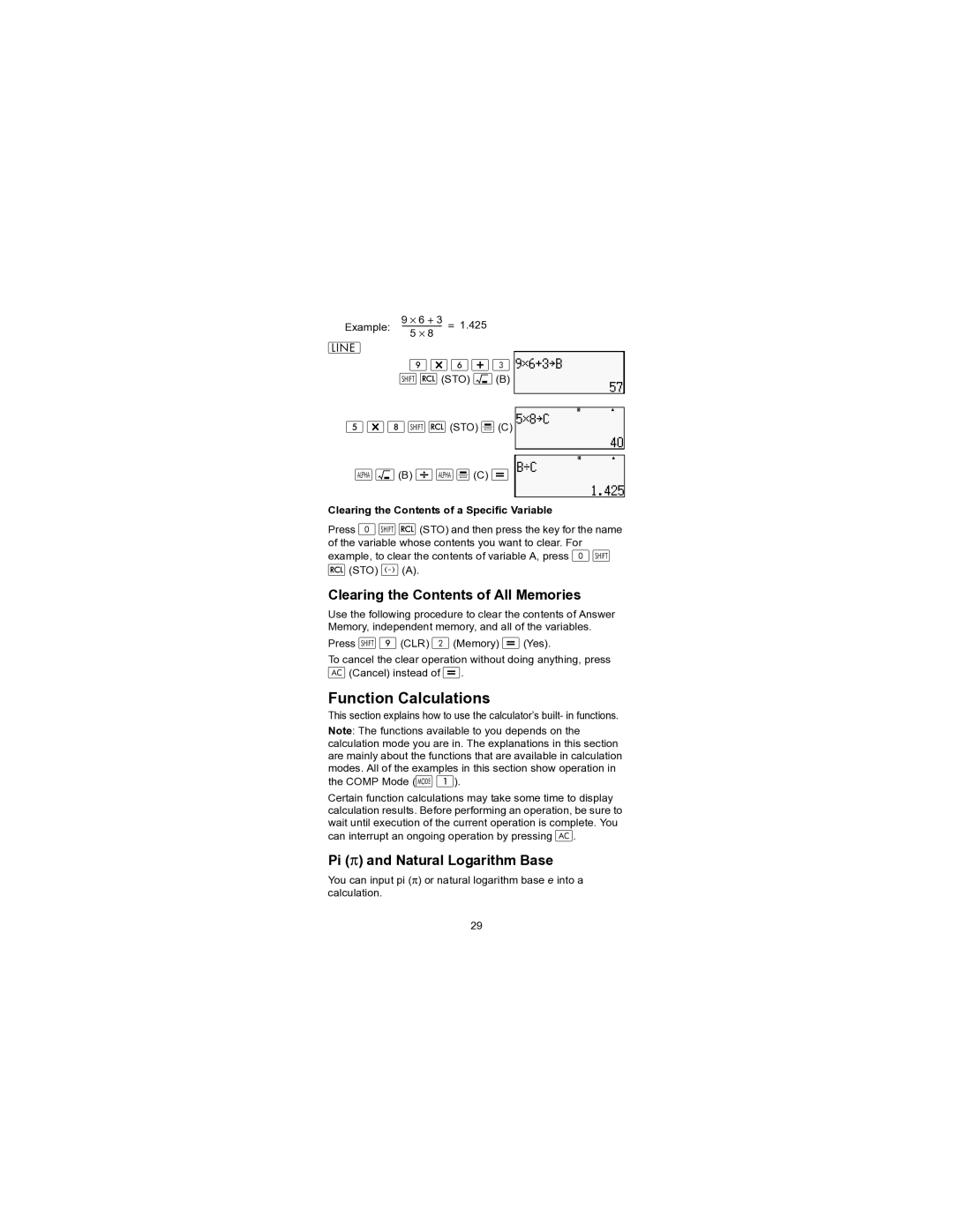 HP 300s+ Scientific manual Function Calculations, Clearing the Contents of All Memories, Pi π and Natural Logarithm Base 