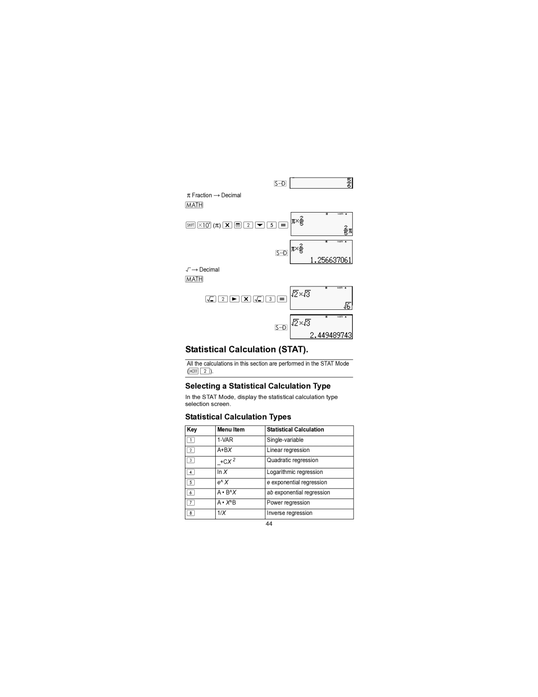 HP 300s+ Scientific Statistical Calculation Stat, Selecting a Statistical Calculation Type, Statistical Calculation Types 