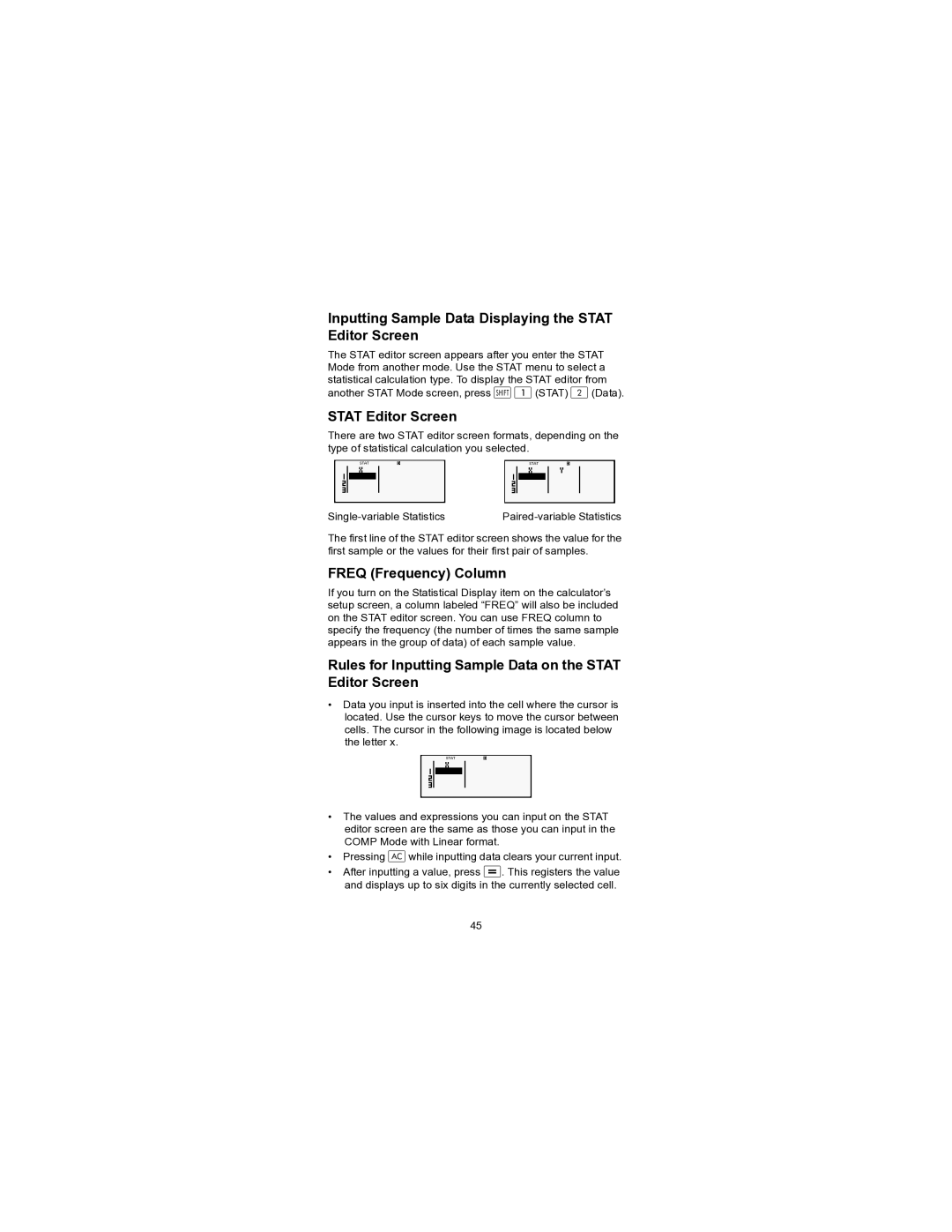 HP 300s+ Scientific manual Inputting Sample Data Displaying the Stat Editor Screen, Freq Frequency Column 