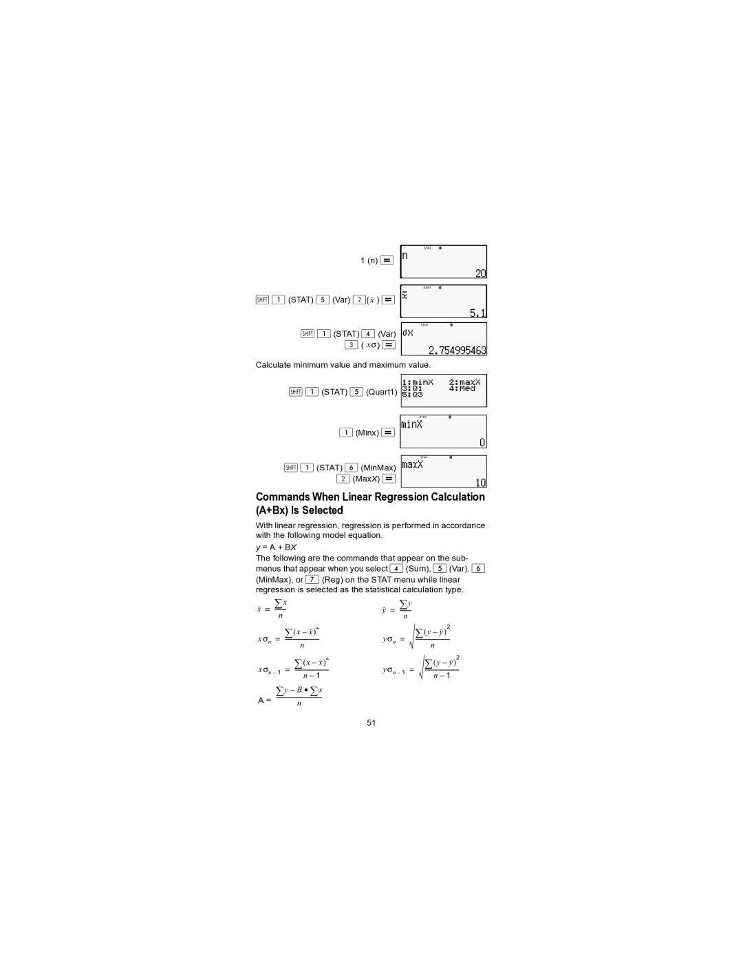 HP 300s+ Scientific manual Commands When Linear Regression Calculation A+Bx Is Selected 