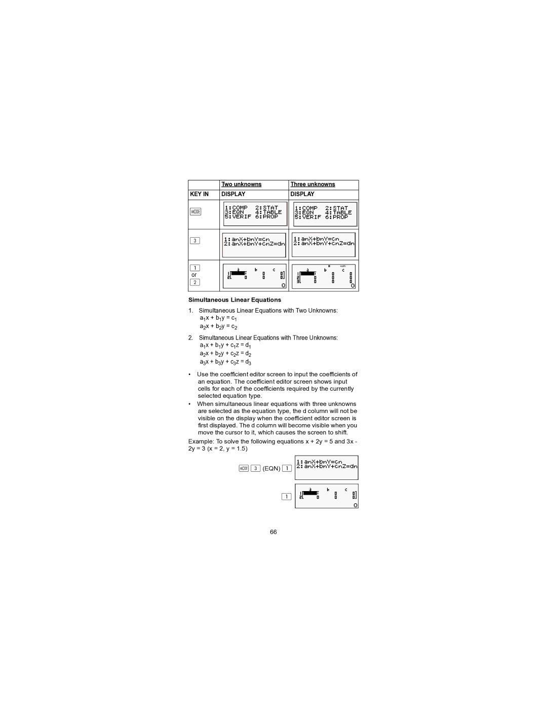 HP 300s+ Scientific manual Two unknowns Three unknowns, Simultaneous Linear Equations 