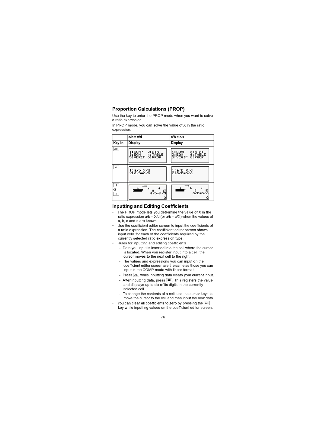 HP 300s+ Scientific manual Proportion Calculations Prop, Inputting and Editing Coefficients, = x/d, Key in Display 