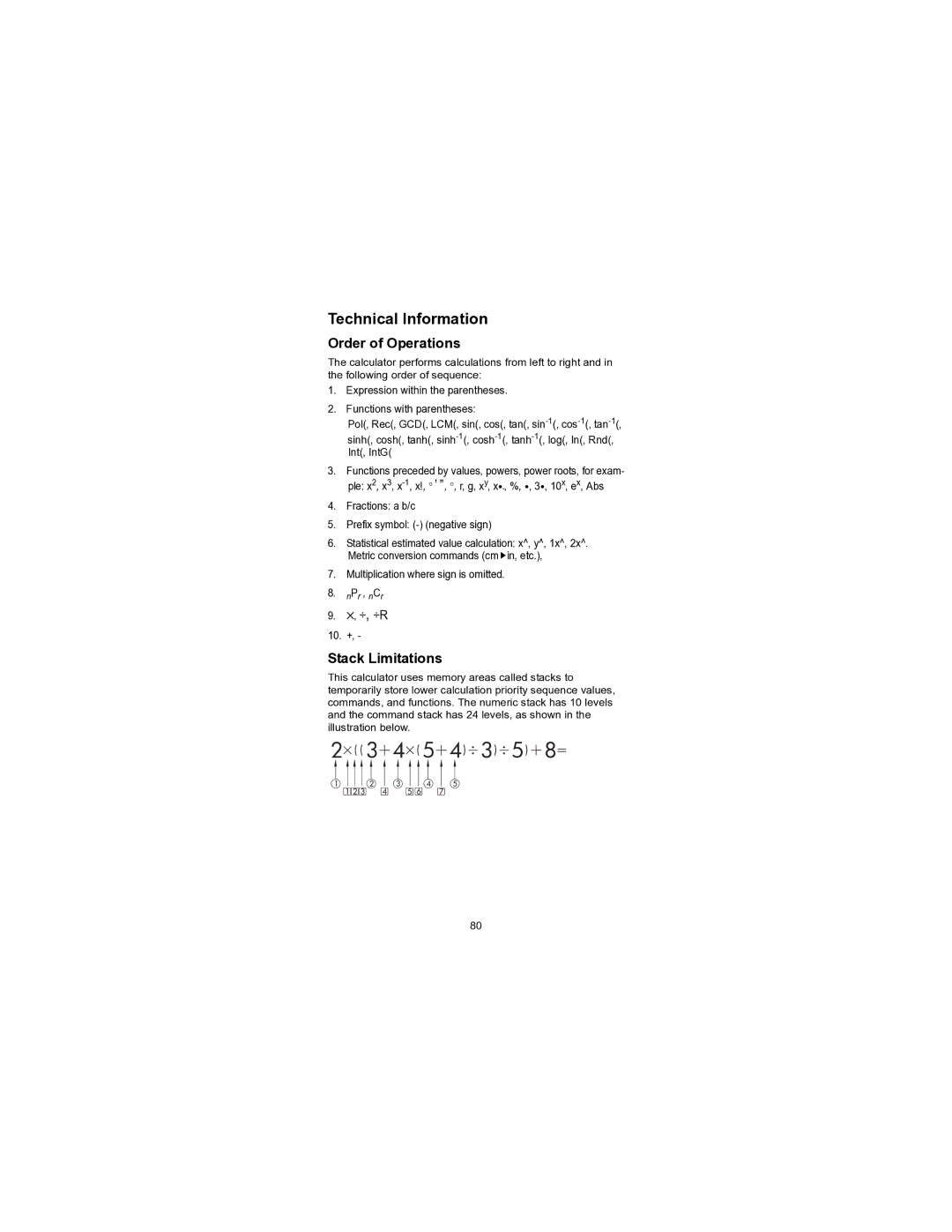 HP 300s+ Scientific manual Technical Information, Order of Operations, Stack Limitations, ÷, ÷R 