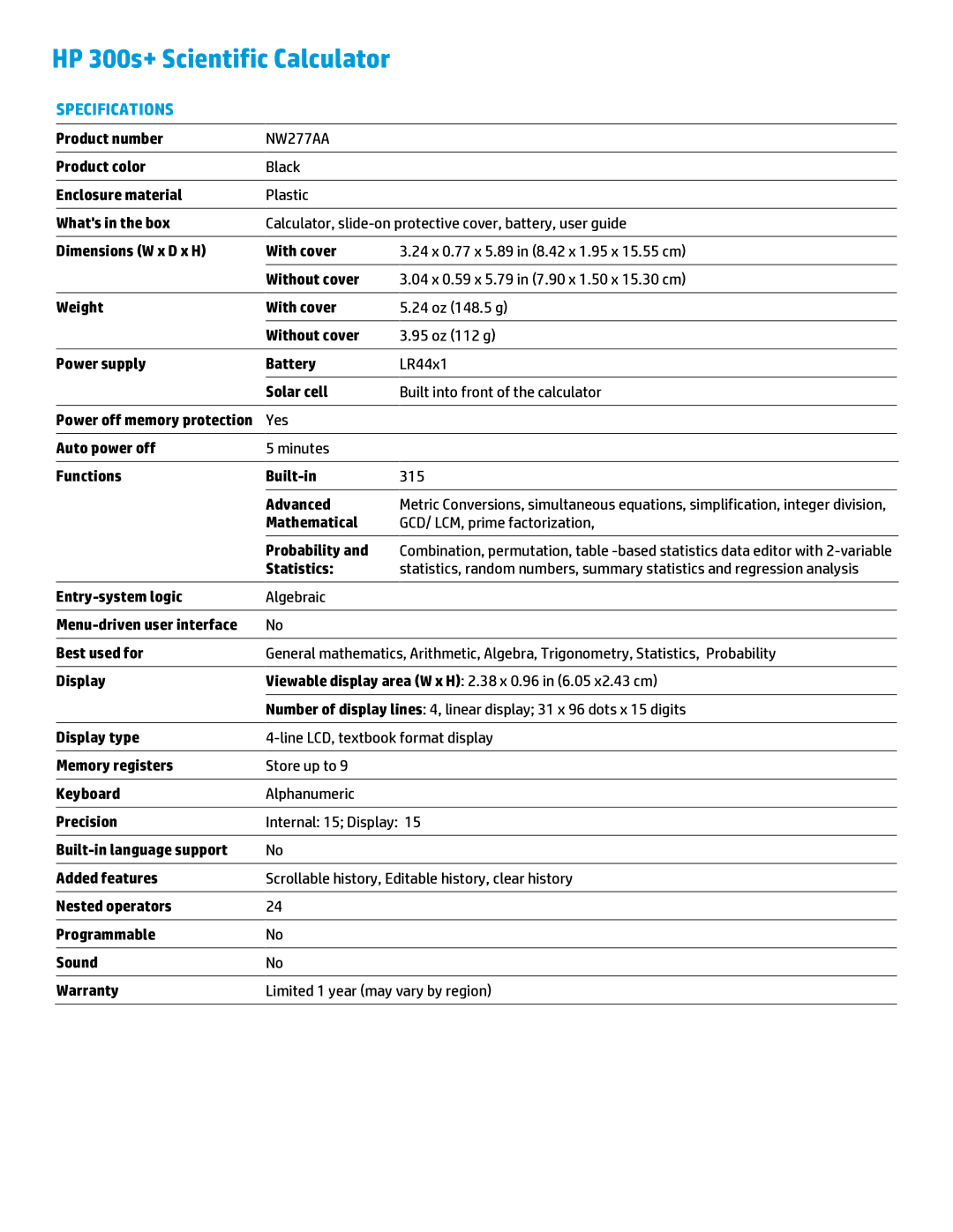 HP manual HP 300s+ Scientific Calculator, Specifications, NW277AA 