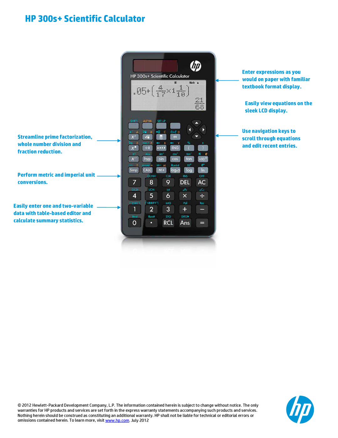 HP 300s+ Scientific manual Perform metric and imperial unit conversions, Easily view equations on the sleek LCD display 