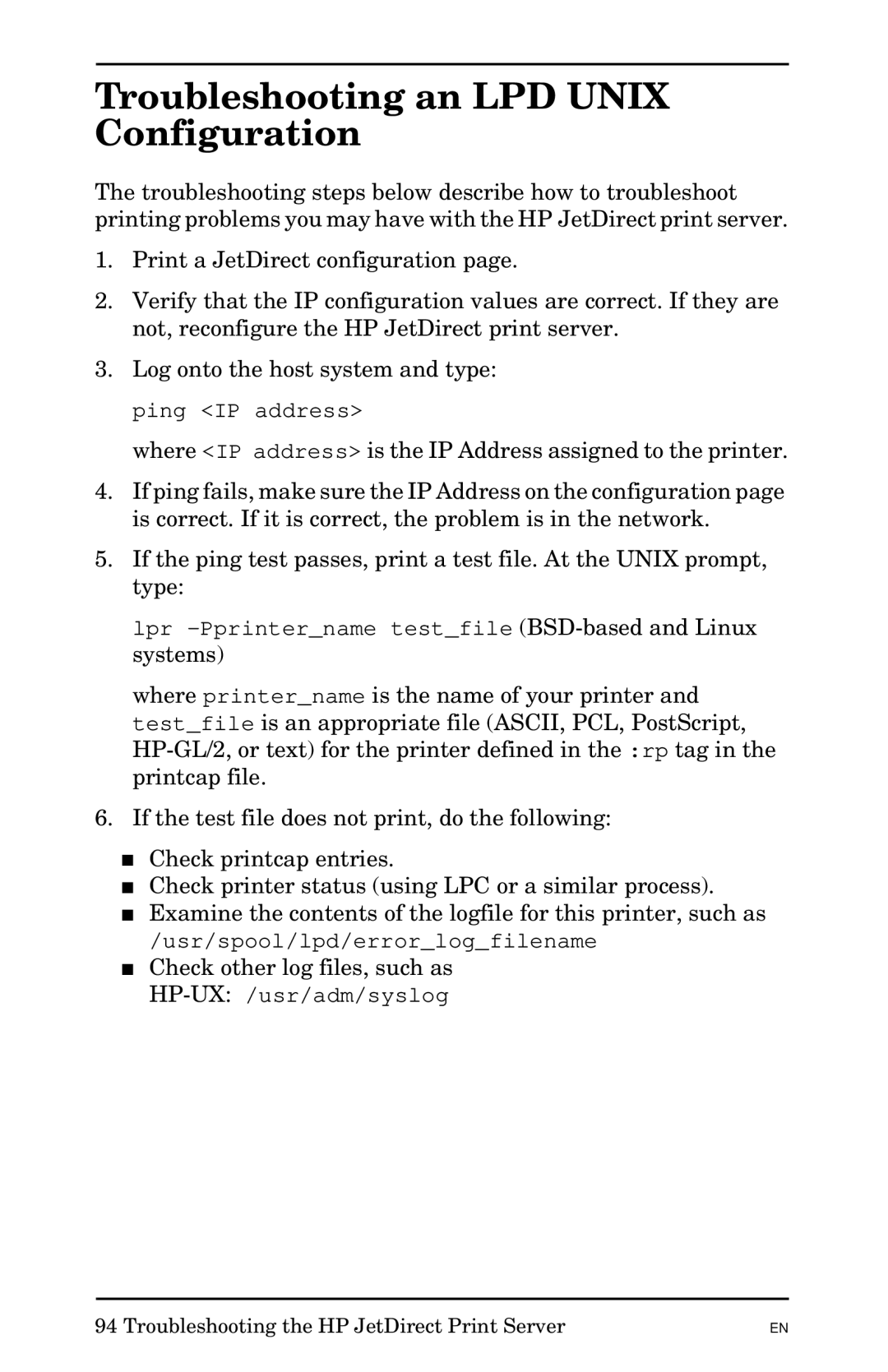 HP 300X manual Troubleshooting an LPD Unix Configuration 